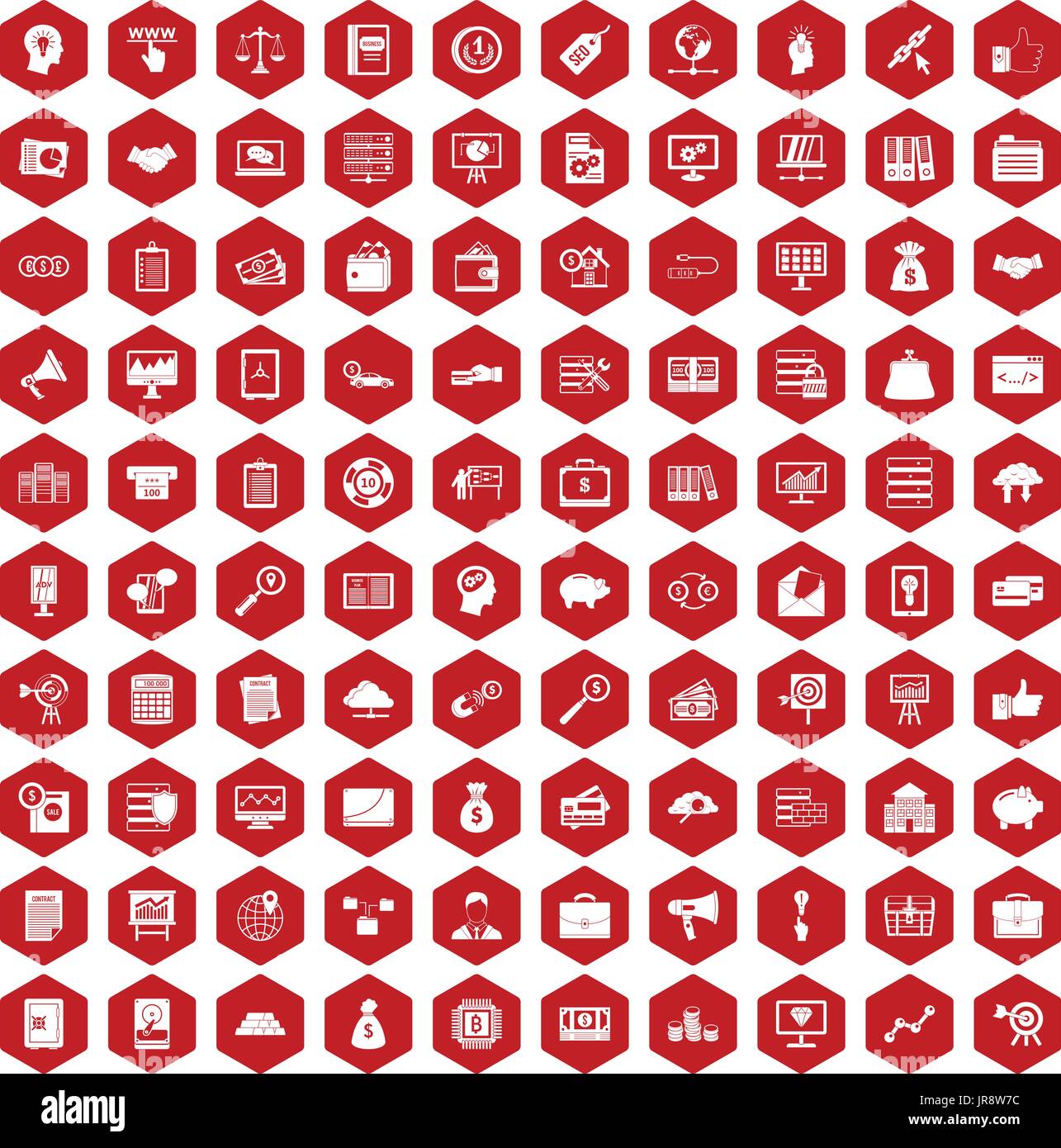 100 business process icons hexagon red Stock Vector