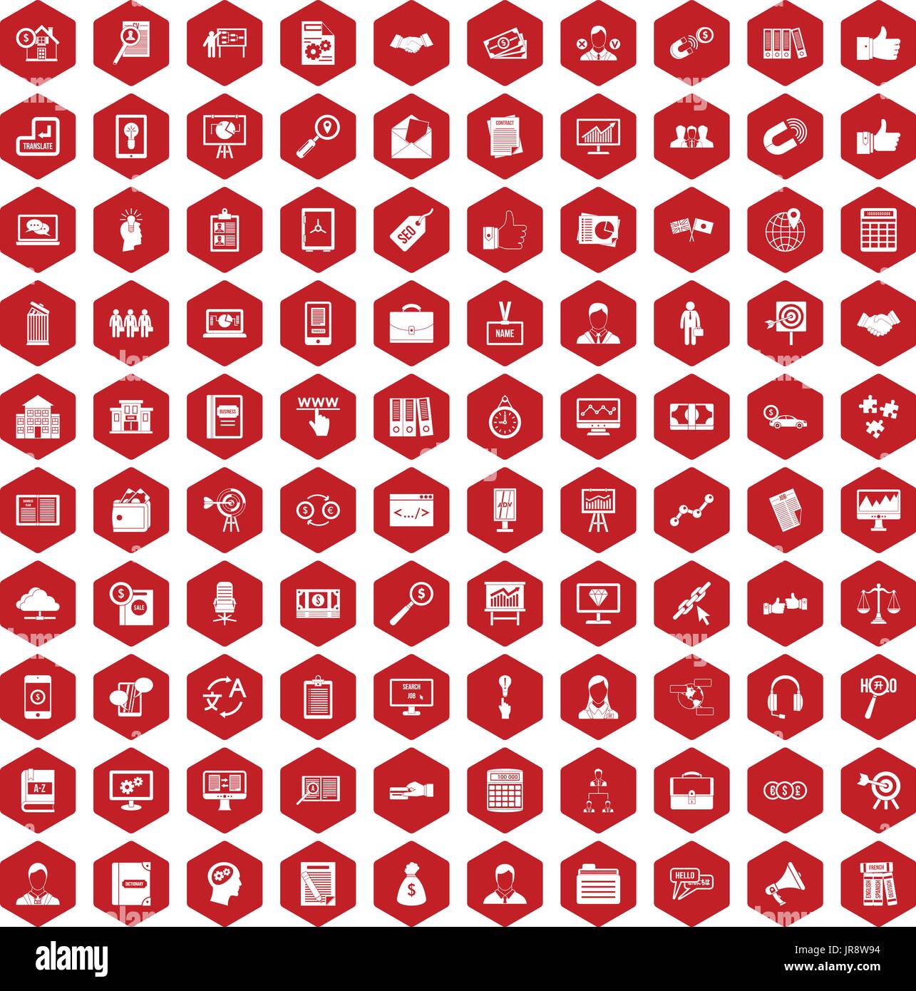 100 business training icons hexagon red Stock Vector
