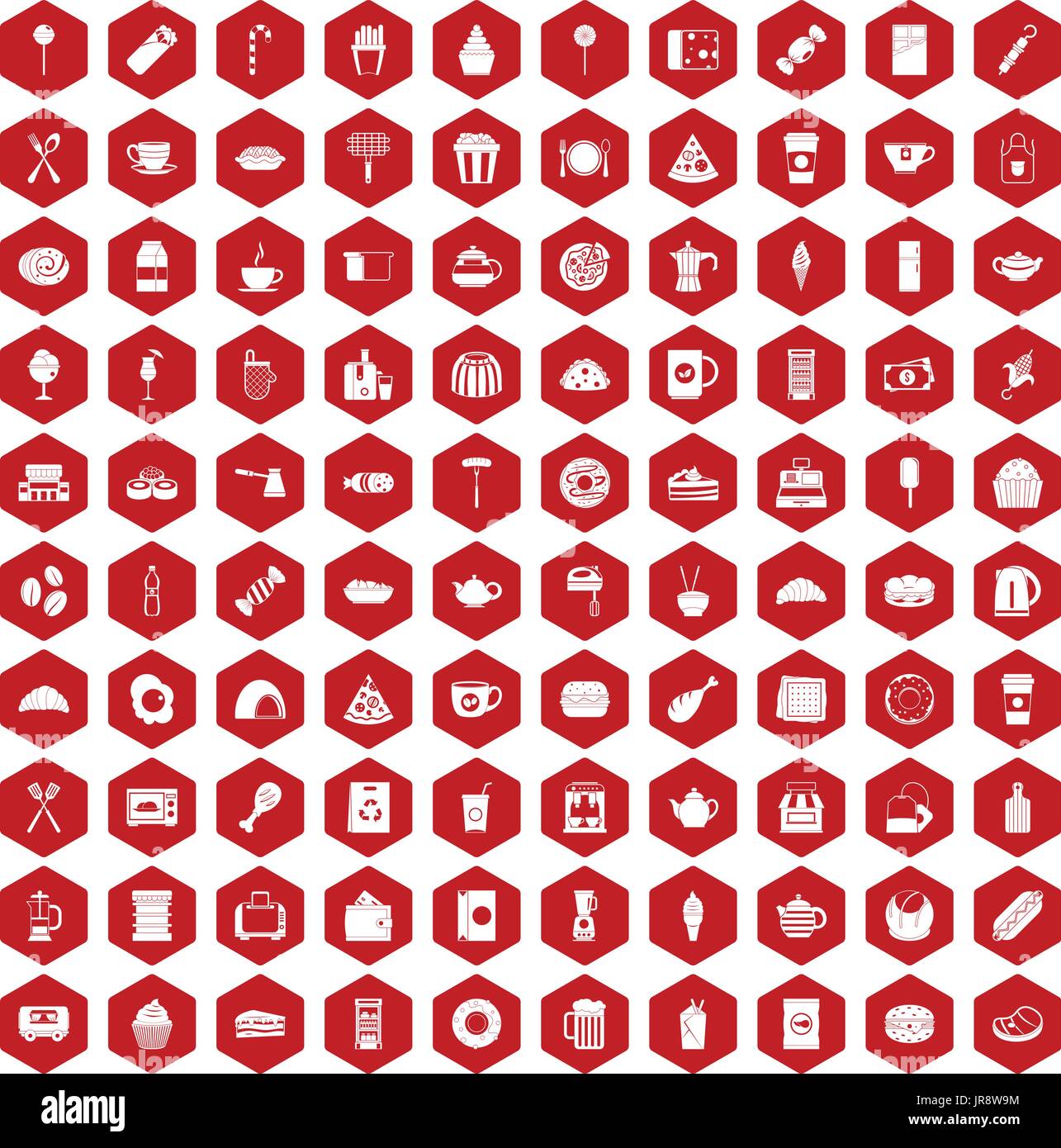 100 cafe icons hexagon red Stock Vector