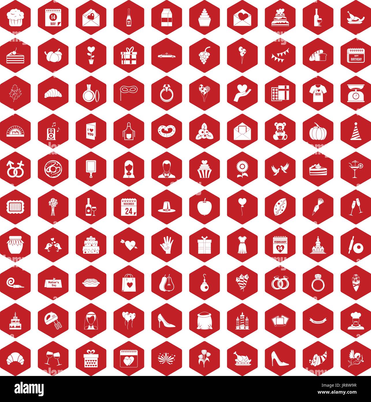 100 cake icons hexagon red Stock Vector