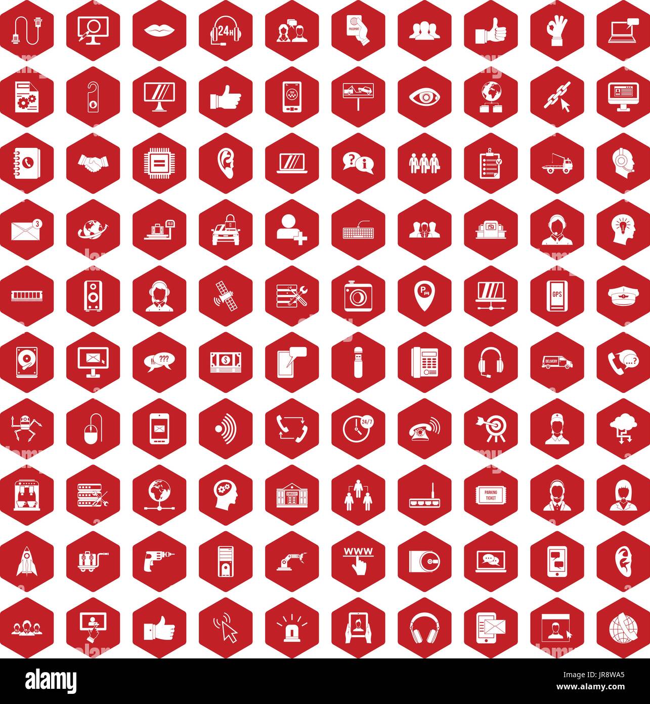 100 call center icons hexagon red Stock Vector