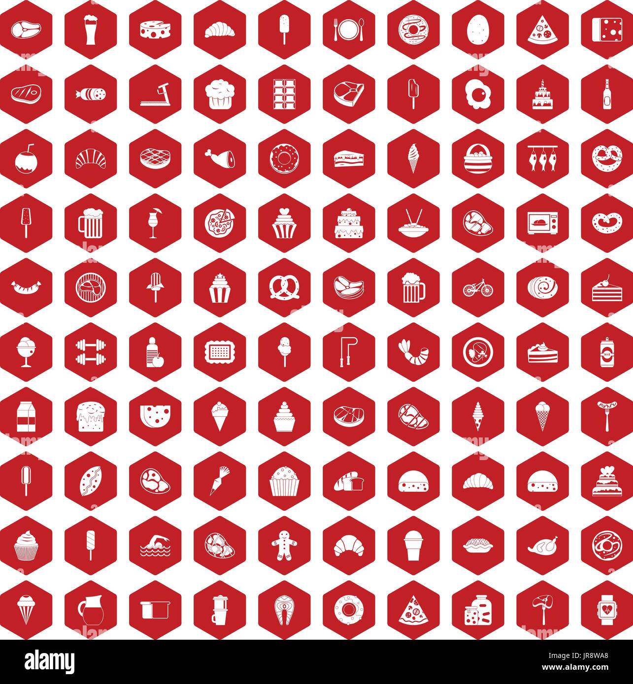 100 calories icons hexagon red Stock Vector