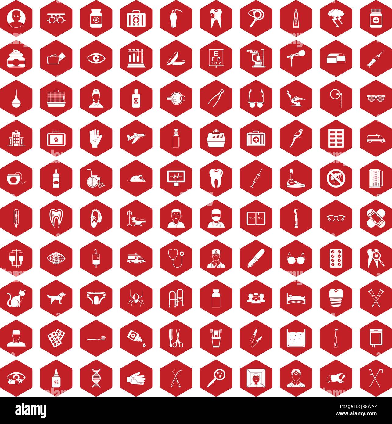100 care icons hexagon red Stock Vector