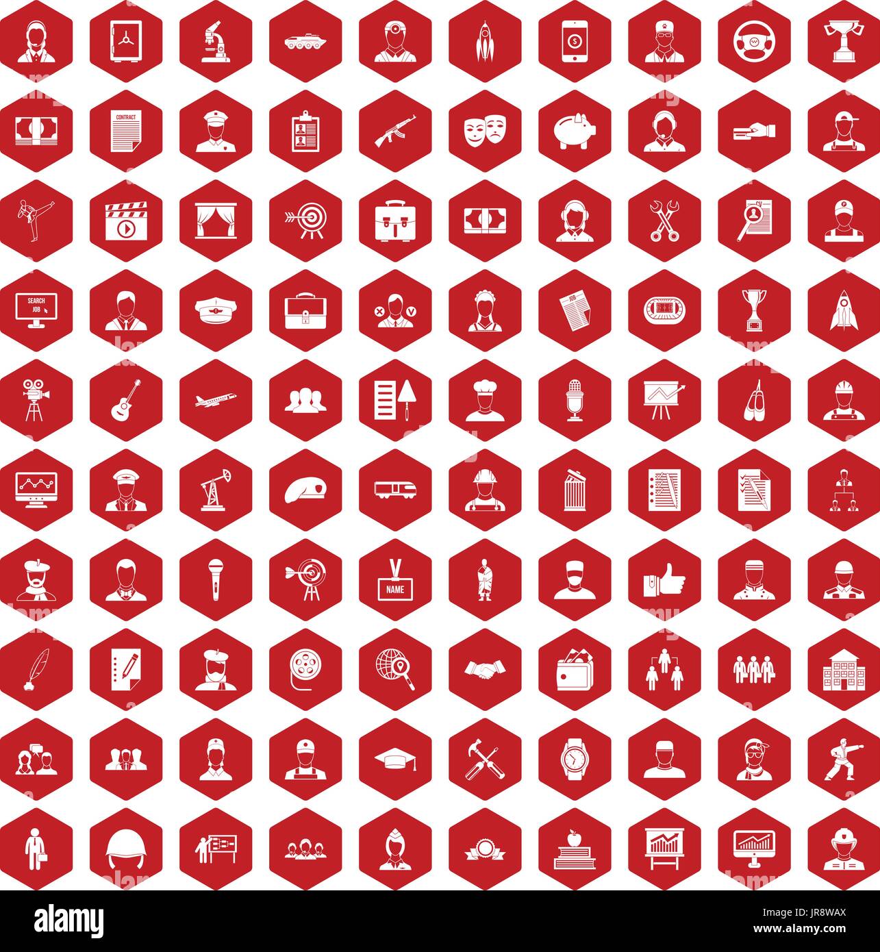 100 career icons hexagon red Stock Vector