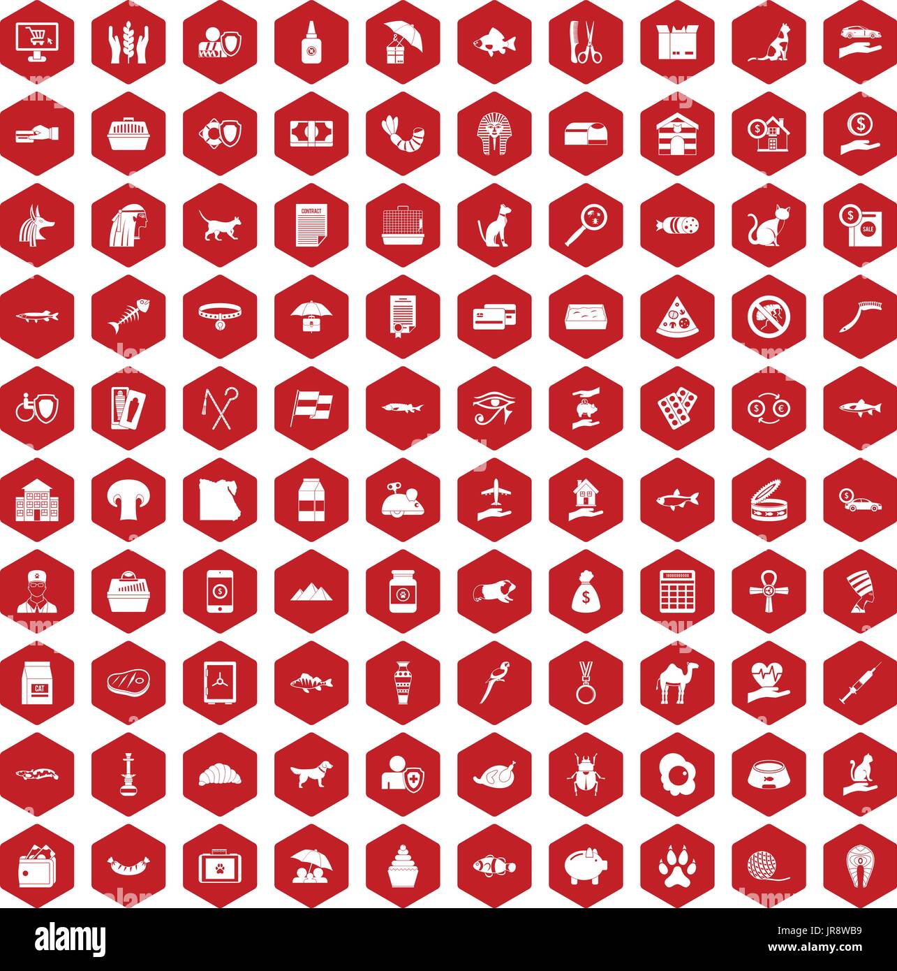 100 cat icons hexagon red Stock Vector