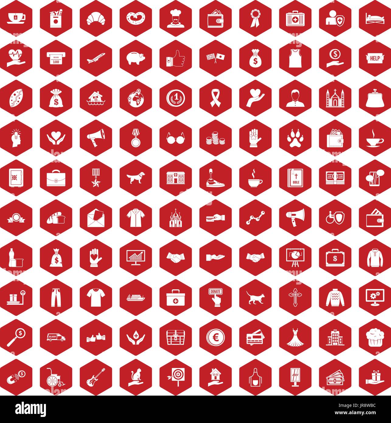 100 charity icons hexagon red Stock Vector