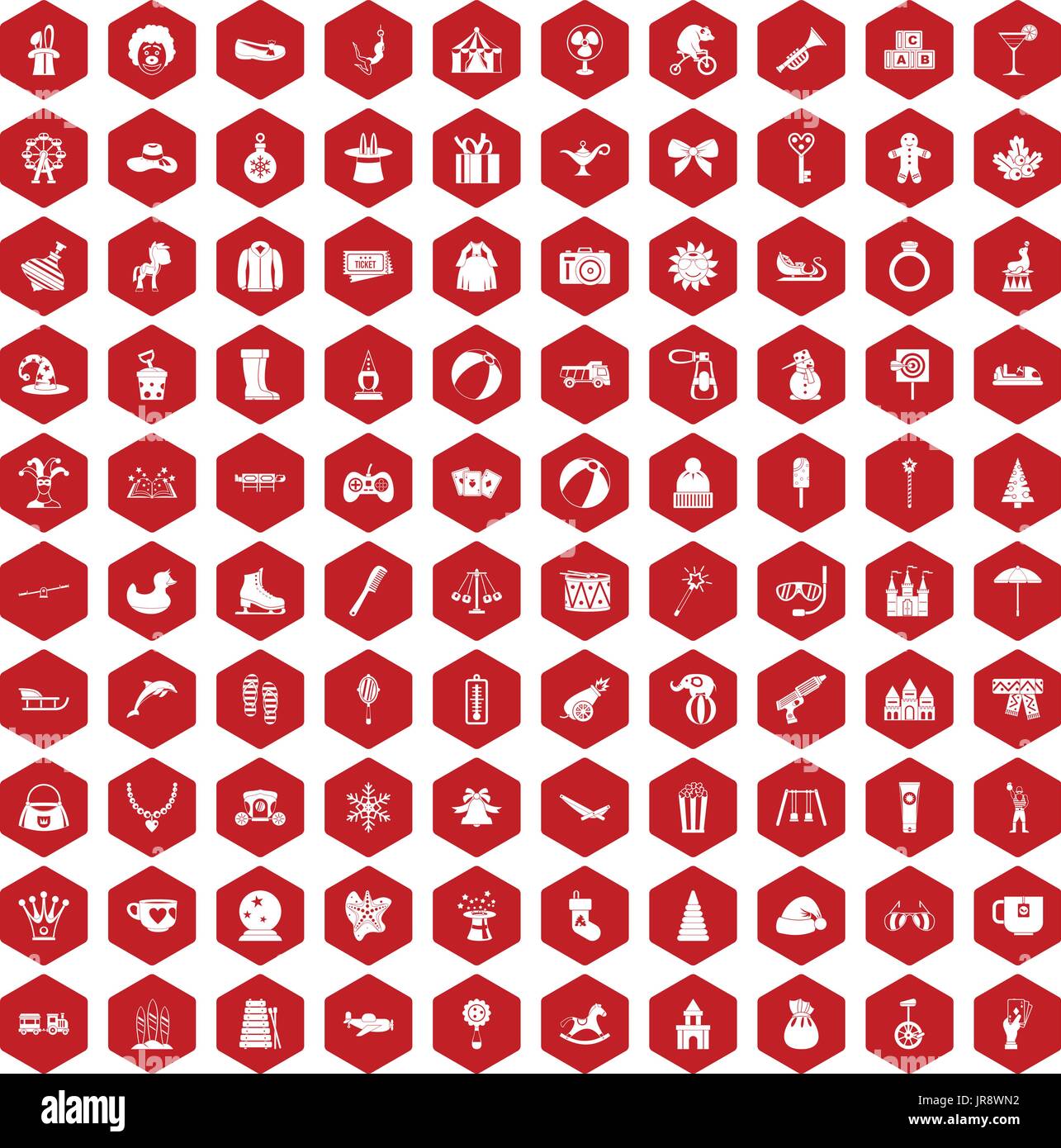 100 children icons hexagon red Stock Vector