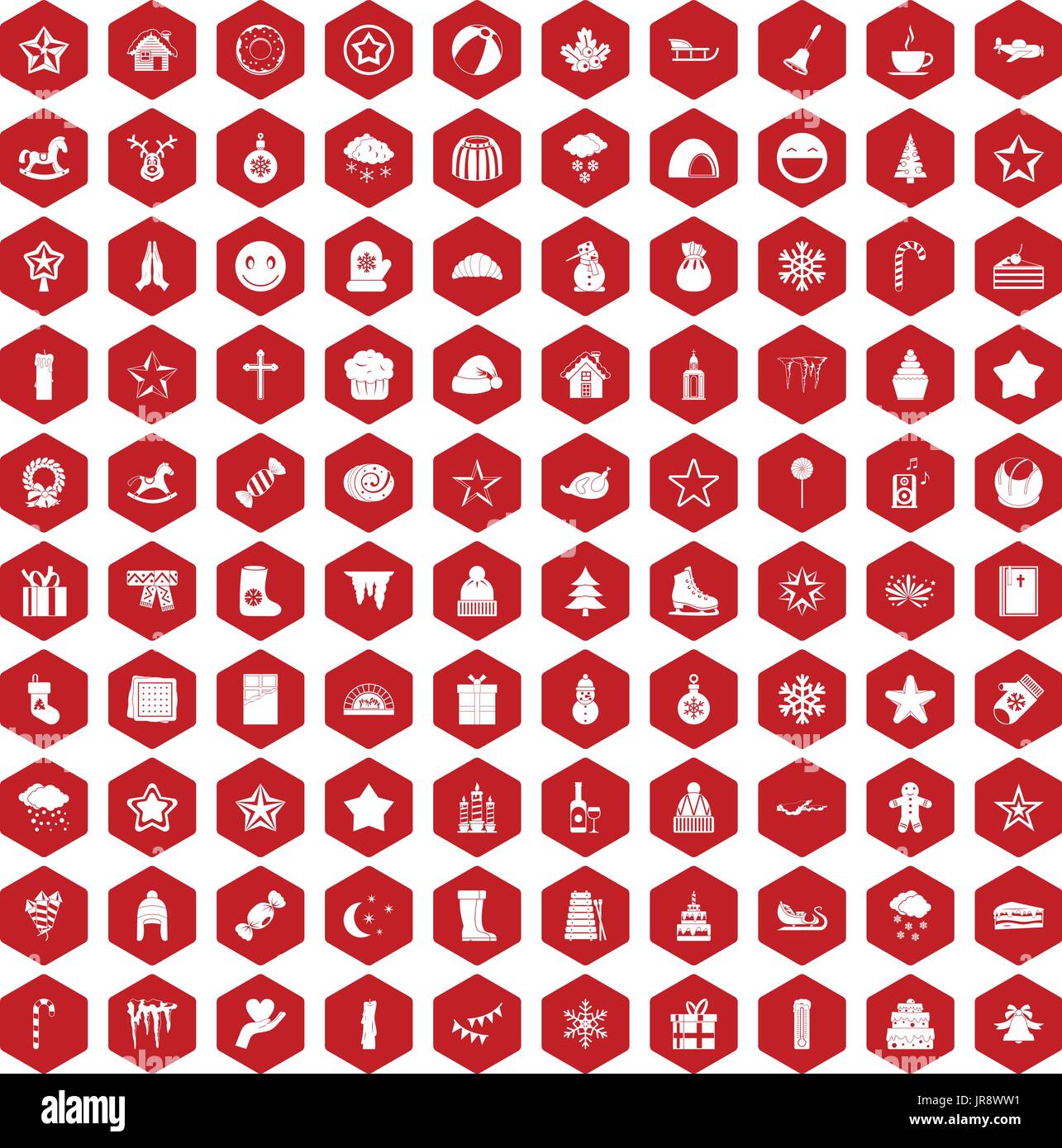 100 christmas icons hexagon red Stock Vector