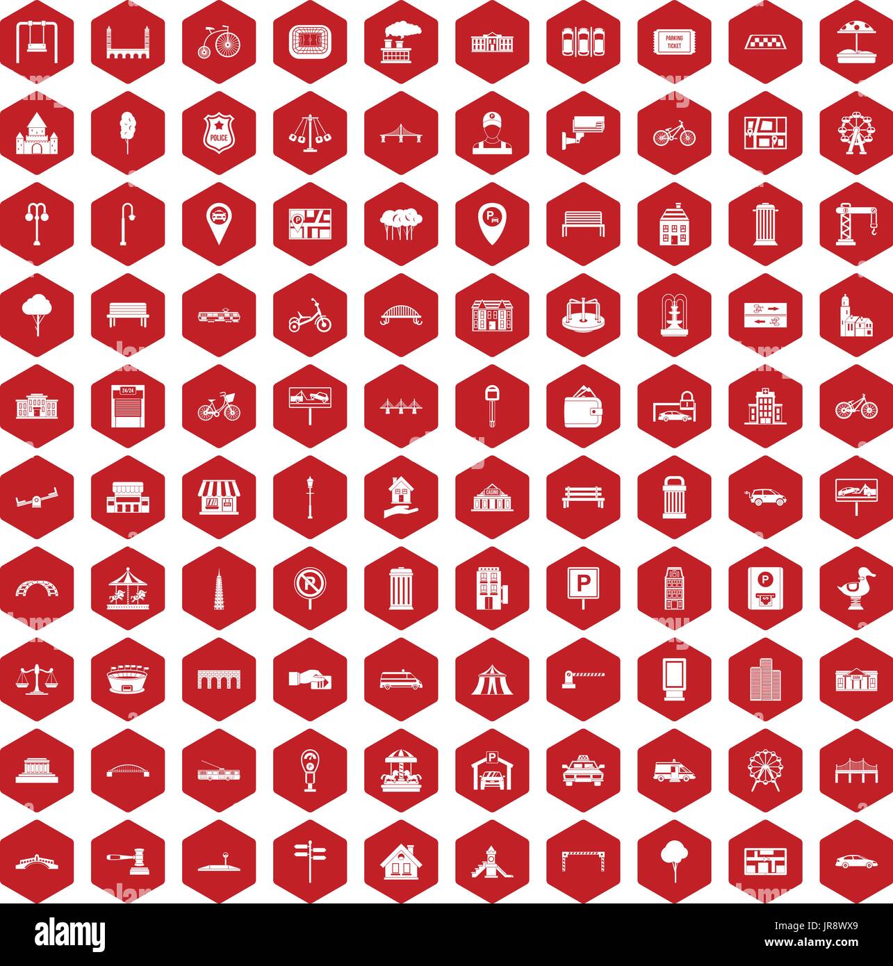 100 city icons hexagon red Stock Vector