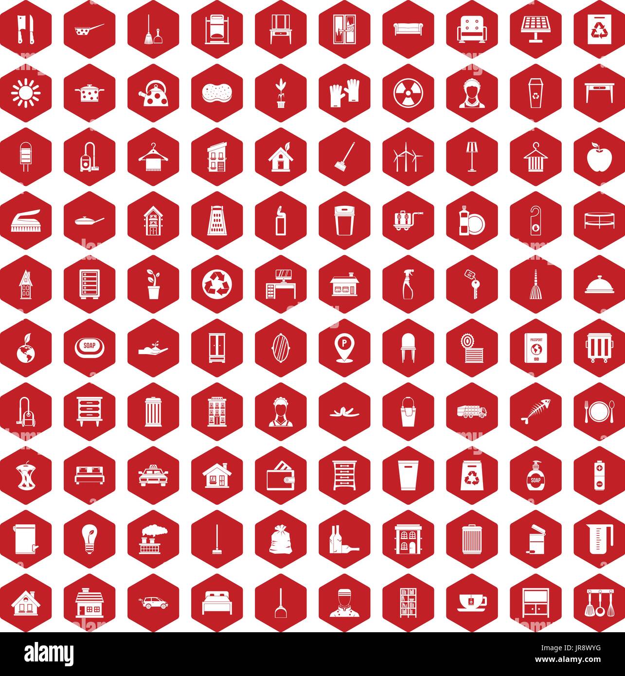 100 cleaning icons hexagon red Stock Vector