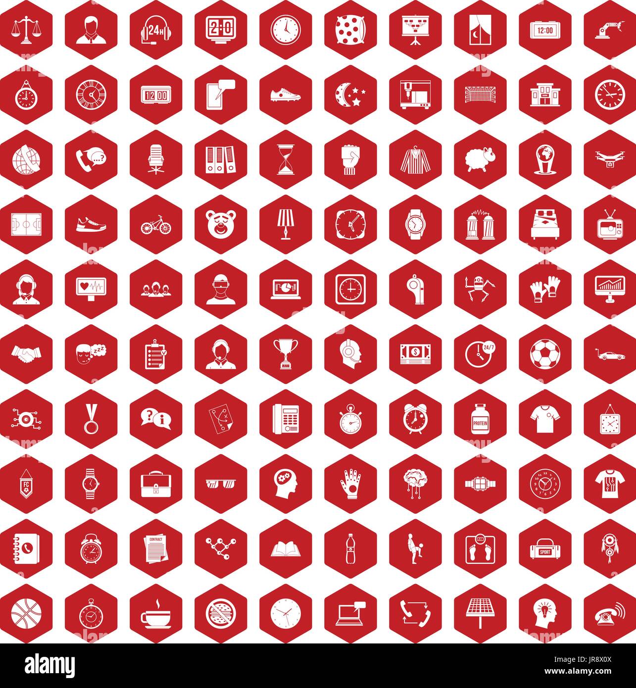 100 clock icons hexagon red Stock Vector