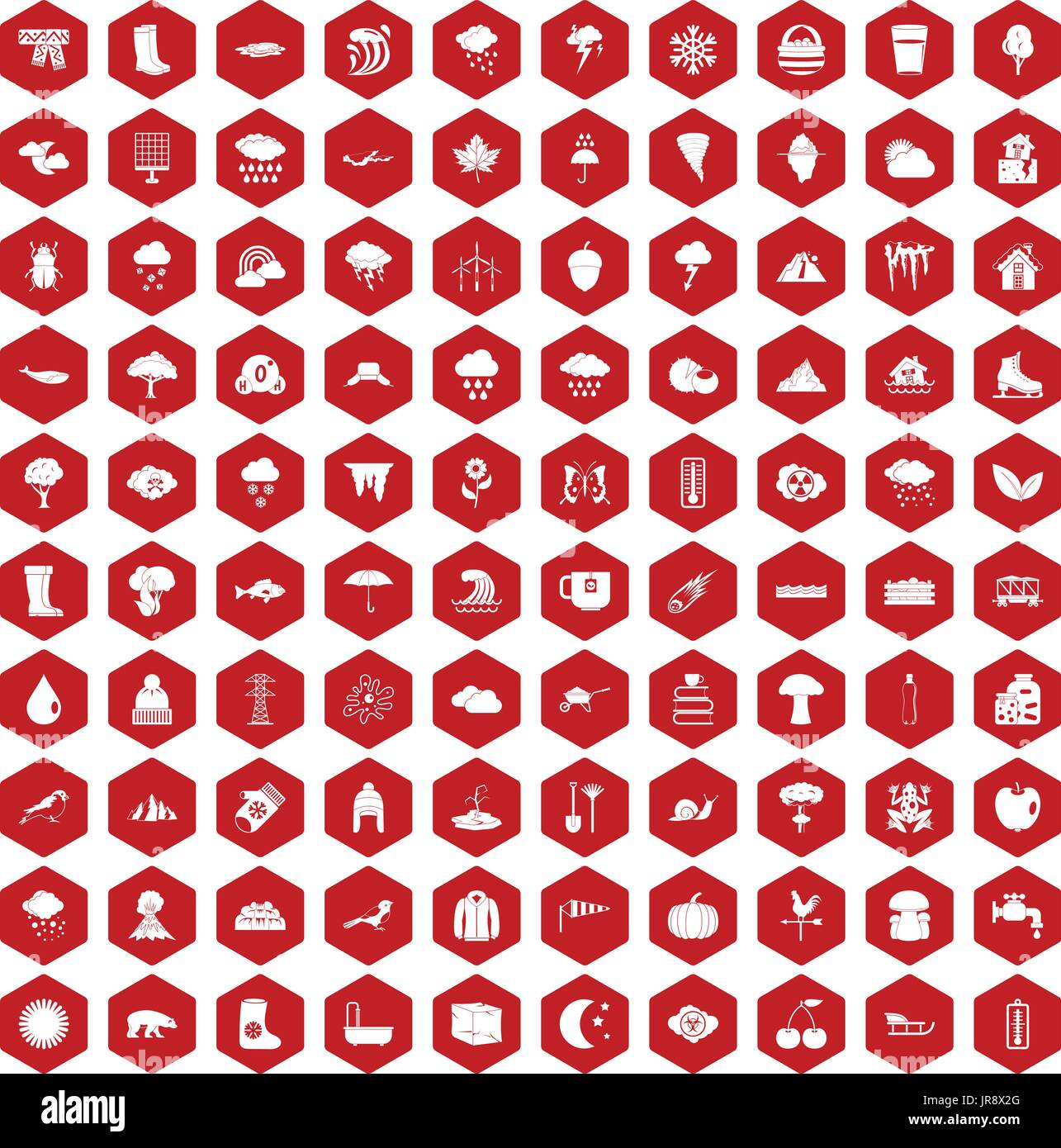 100 clouds icons hexagon red Stock Vector