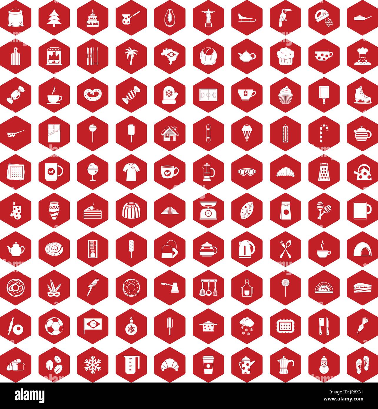 100 coffee icons hexagon red Stock Vector