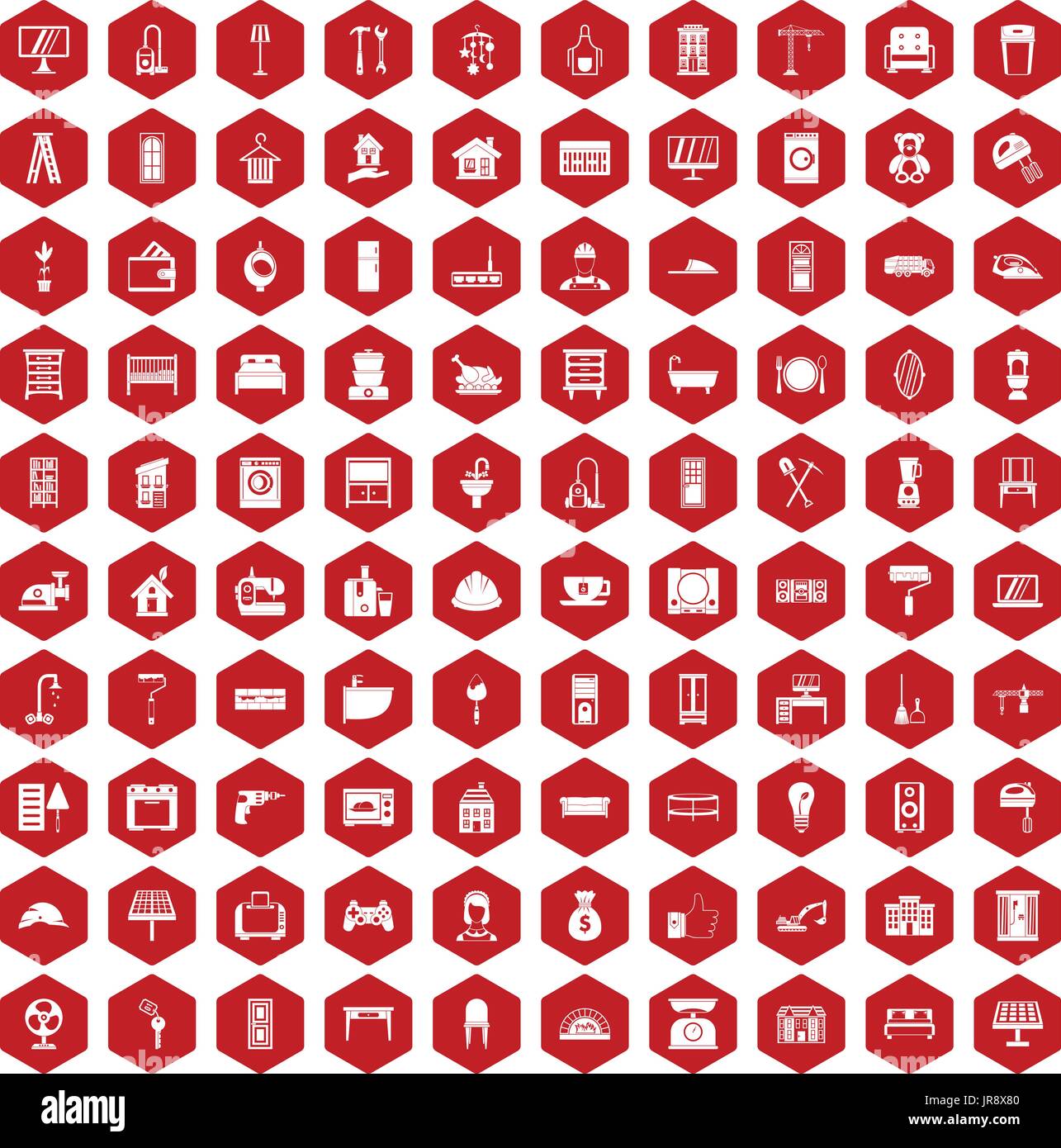 100 comfortable house icons hexagon red Stock Vector