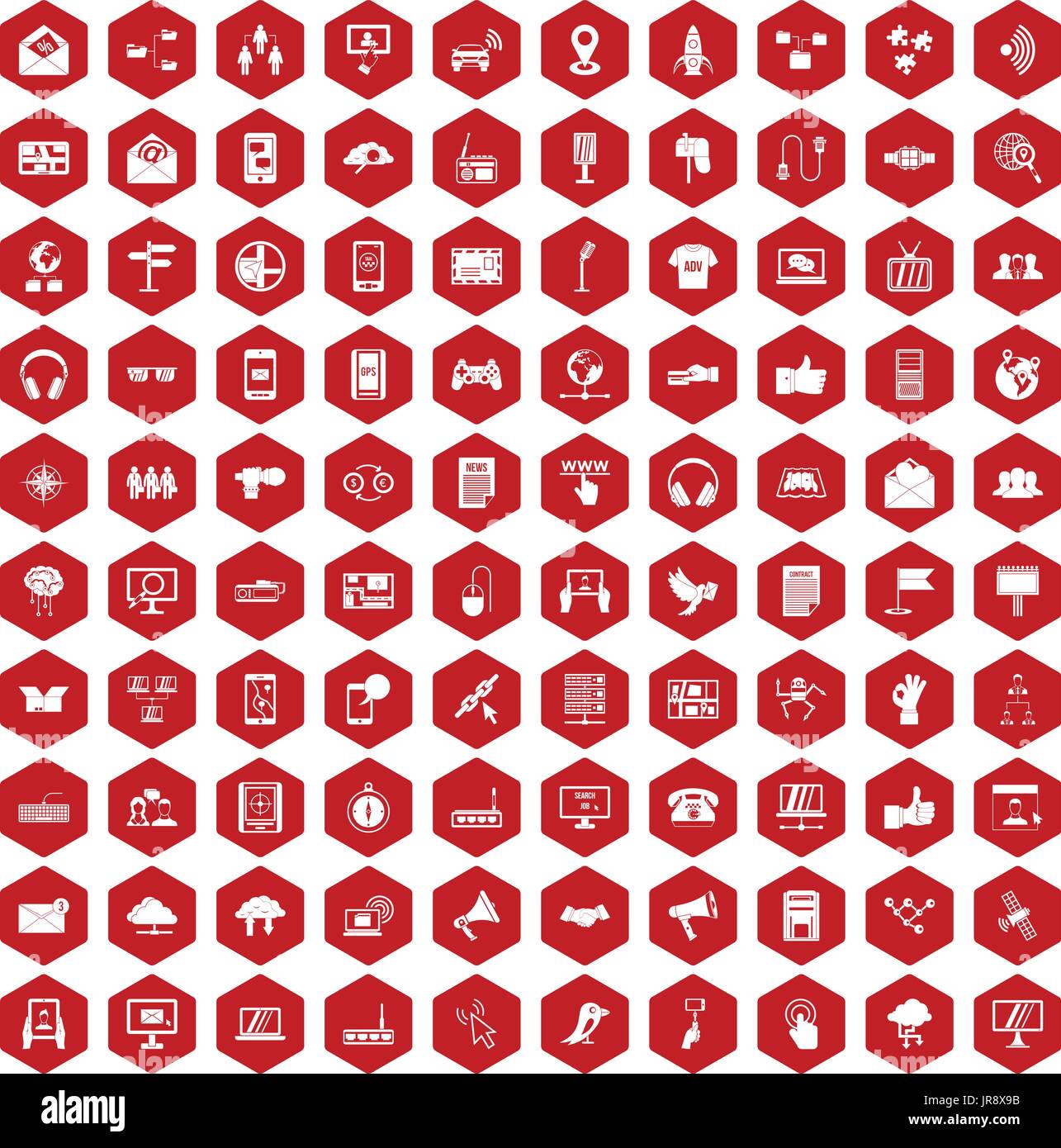 100 communication icons hexagon red Stock Vector