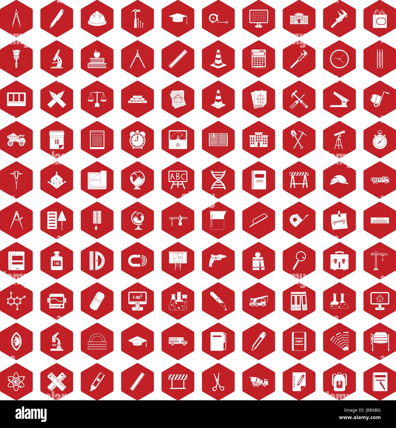 100 compass icons hexagon red Stock Vector