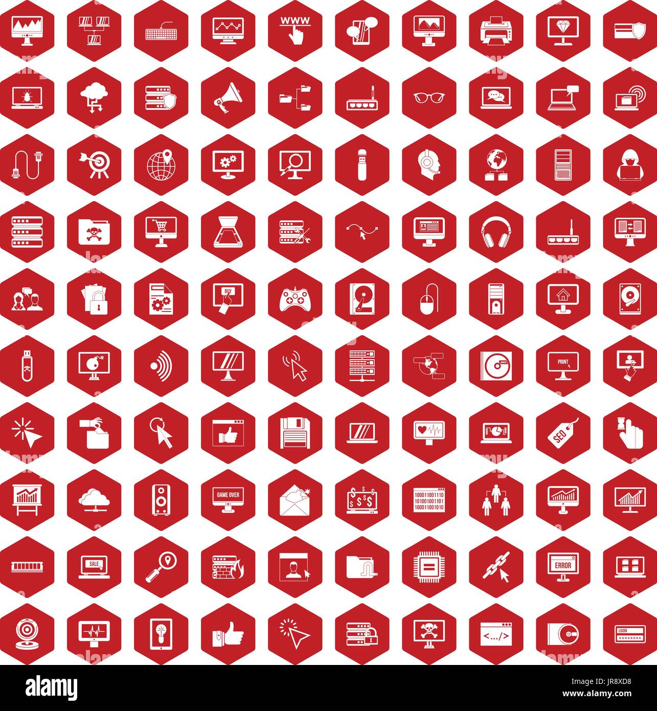 100 computer icons hexagon red Stock Vector