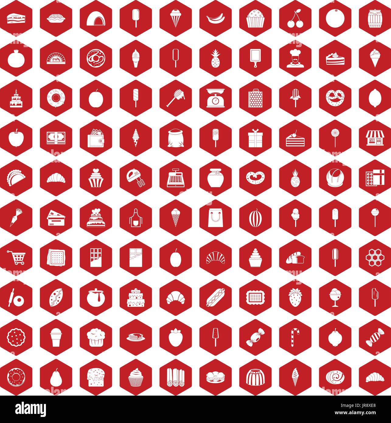 100 confectionery icons hexagon red Stock Vector