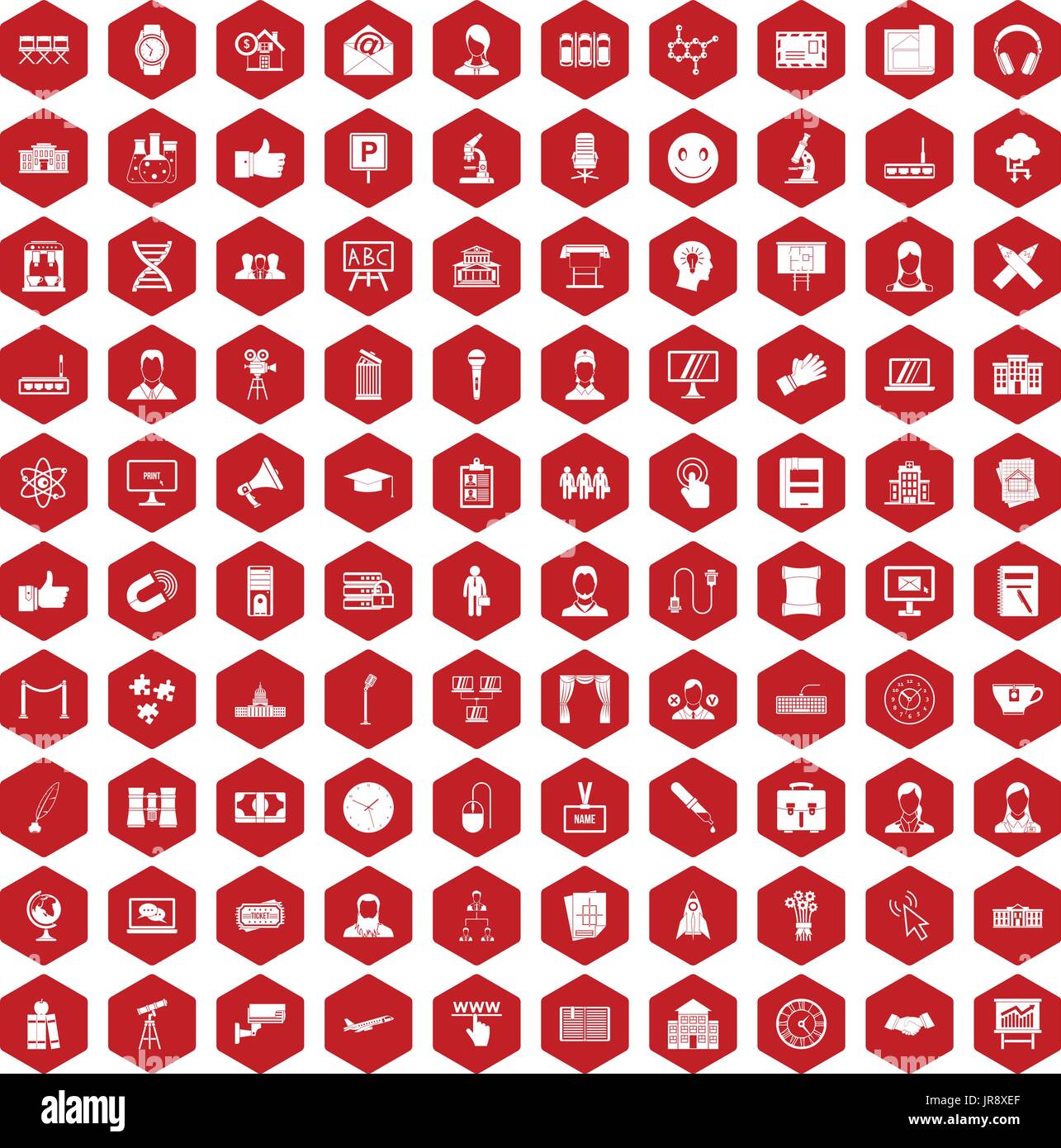 100 conference icons hexagon red Stock Vector