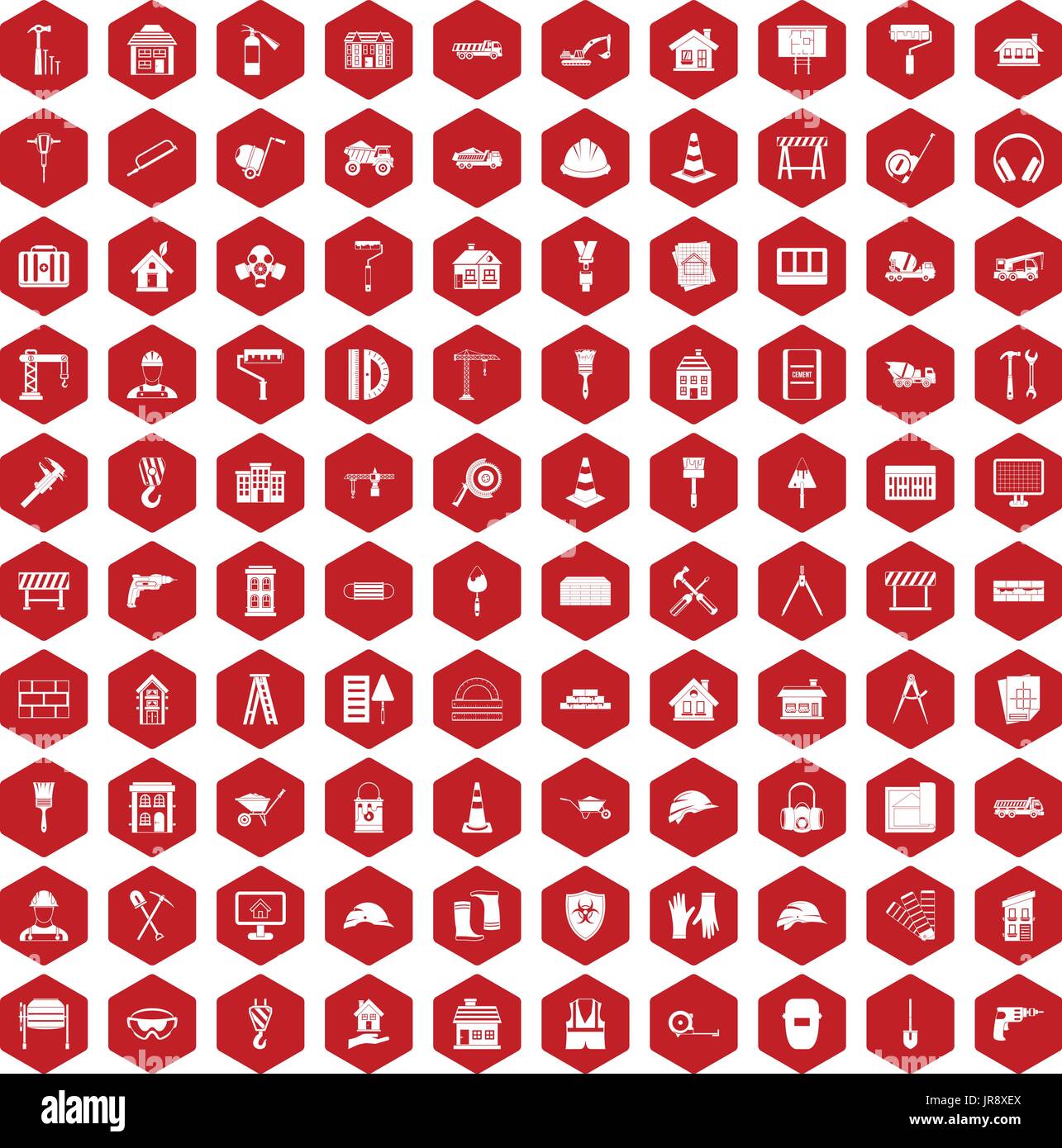 100 construction icons hexagon red Stock Vector