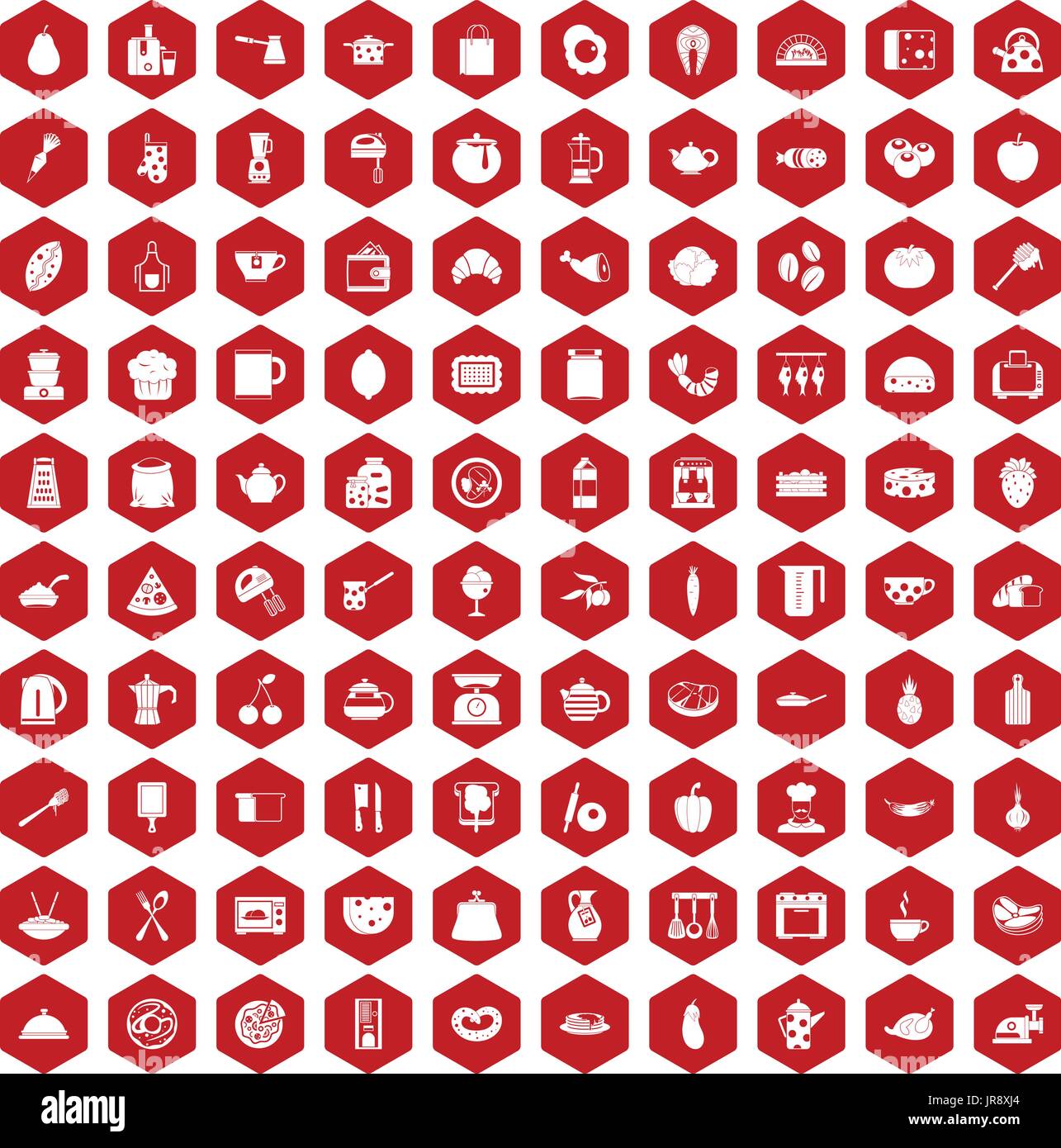 100 cooking icons hexagon red Stock Vector