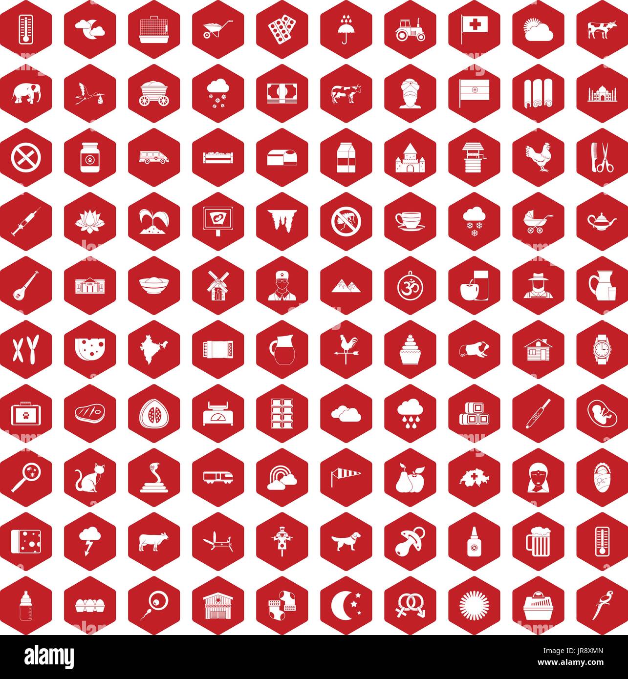 100 cow icons hexagon red Stock Vector