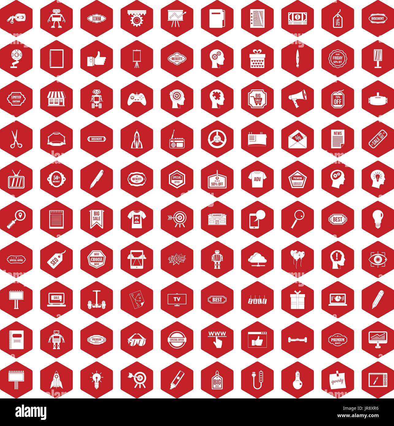 100 creative marketing icons hexagon red Stock Vector