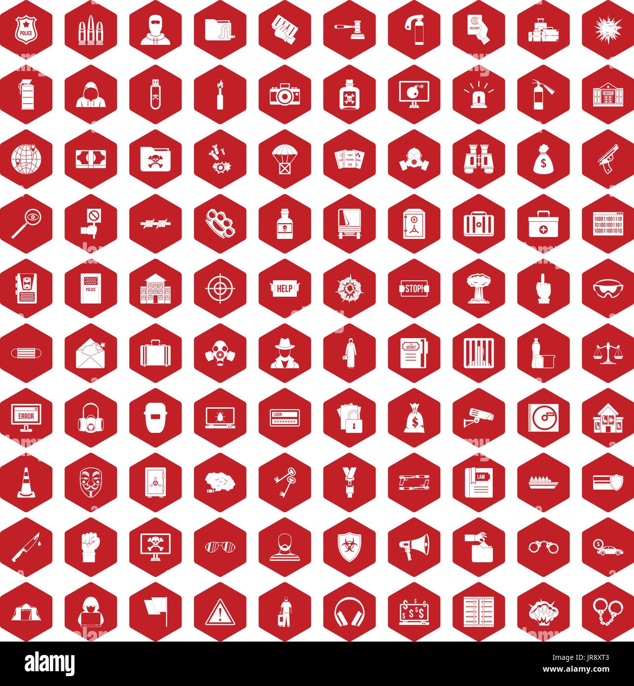 100 crime icons hexagon red Stock Vector