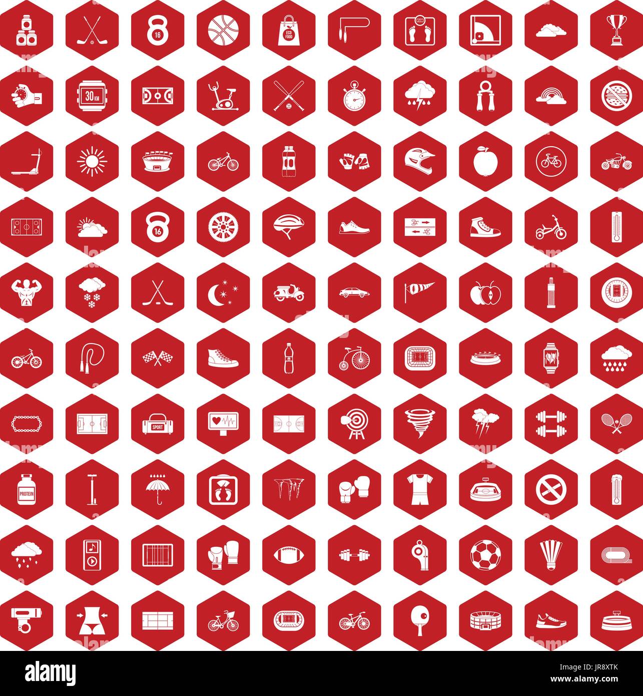 100 cycling icons hexagon red Stock Vector