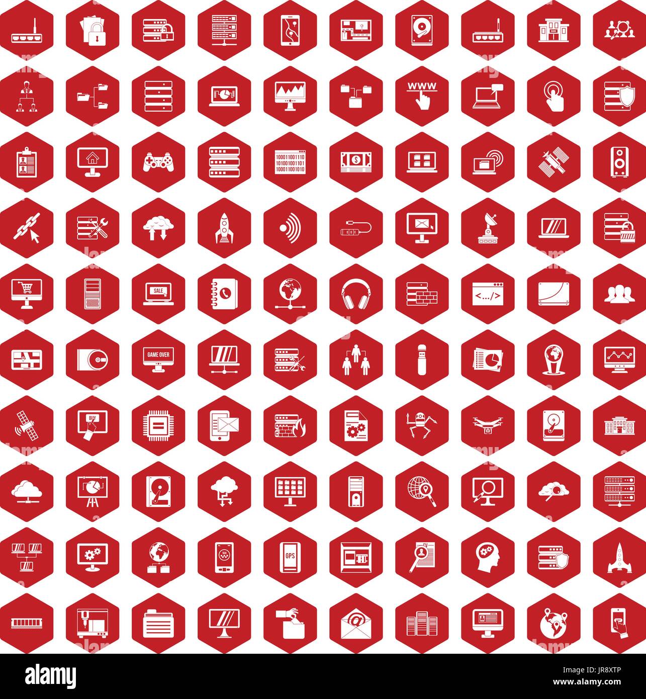 100 database and cloud icons hexagon red Stock Vector