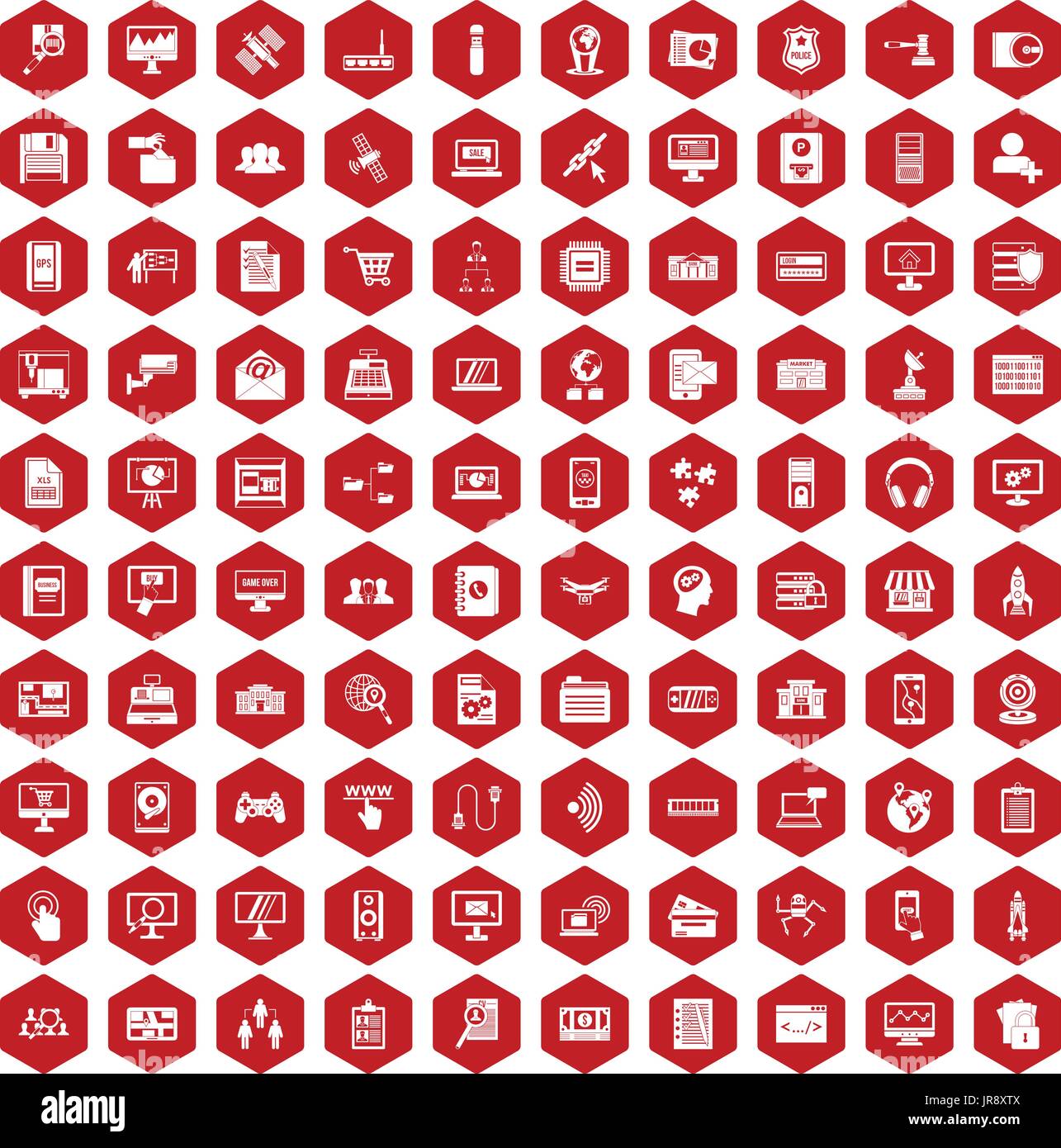 100 database icons hexagon red Stock Vector