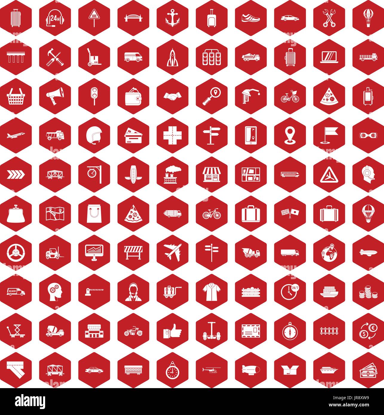 100 delivery icons hexagon red Stock Vector