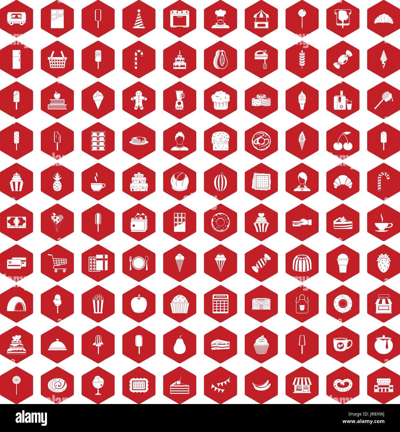 100 dessert icons hexagon red Stock Vector