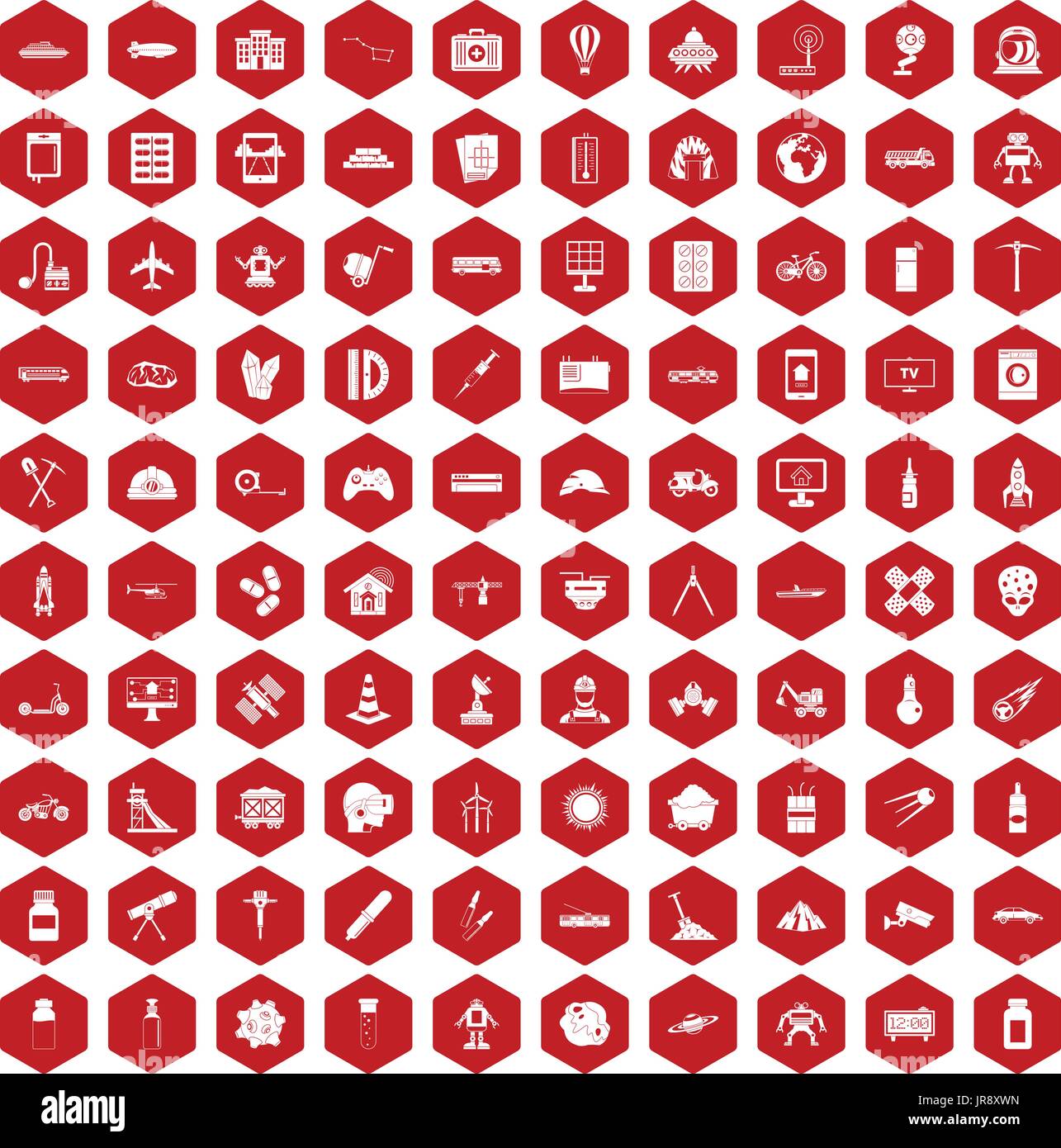 100 development icons hexagon red Stock Vector