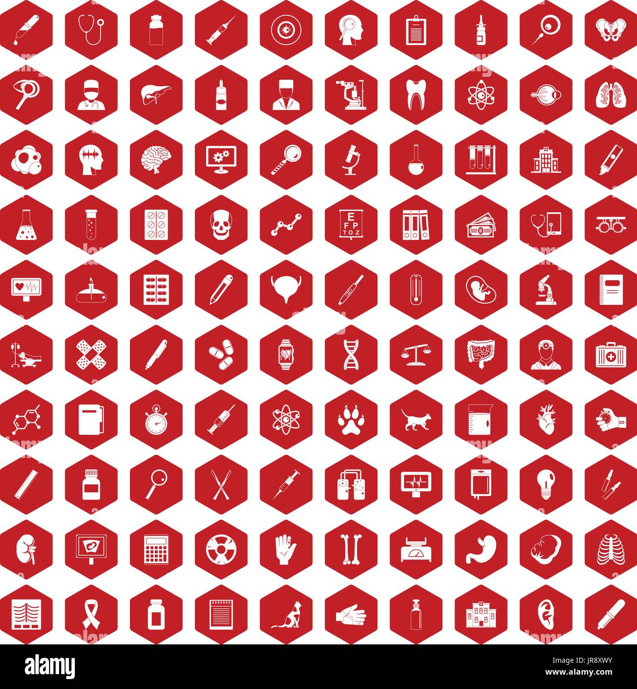 100 diagnostic icons hexagon red Stock Vector