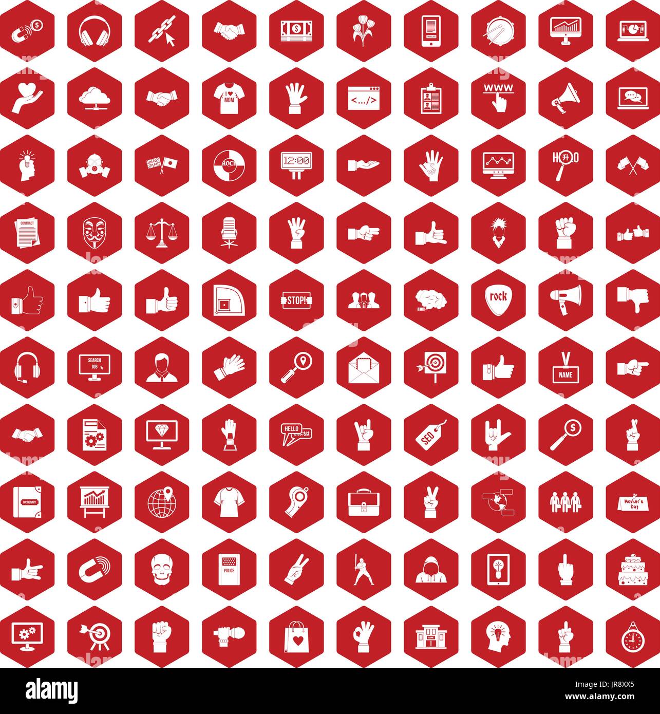 100 different gestures icons hexagon red Stock Vector