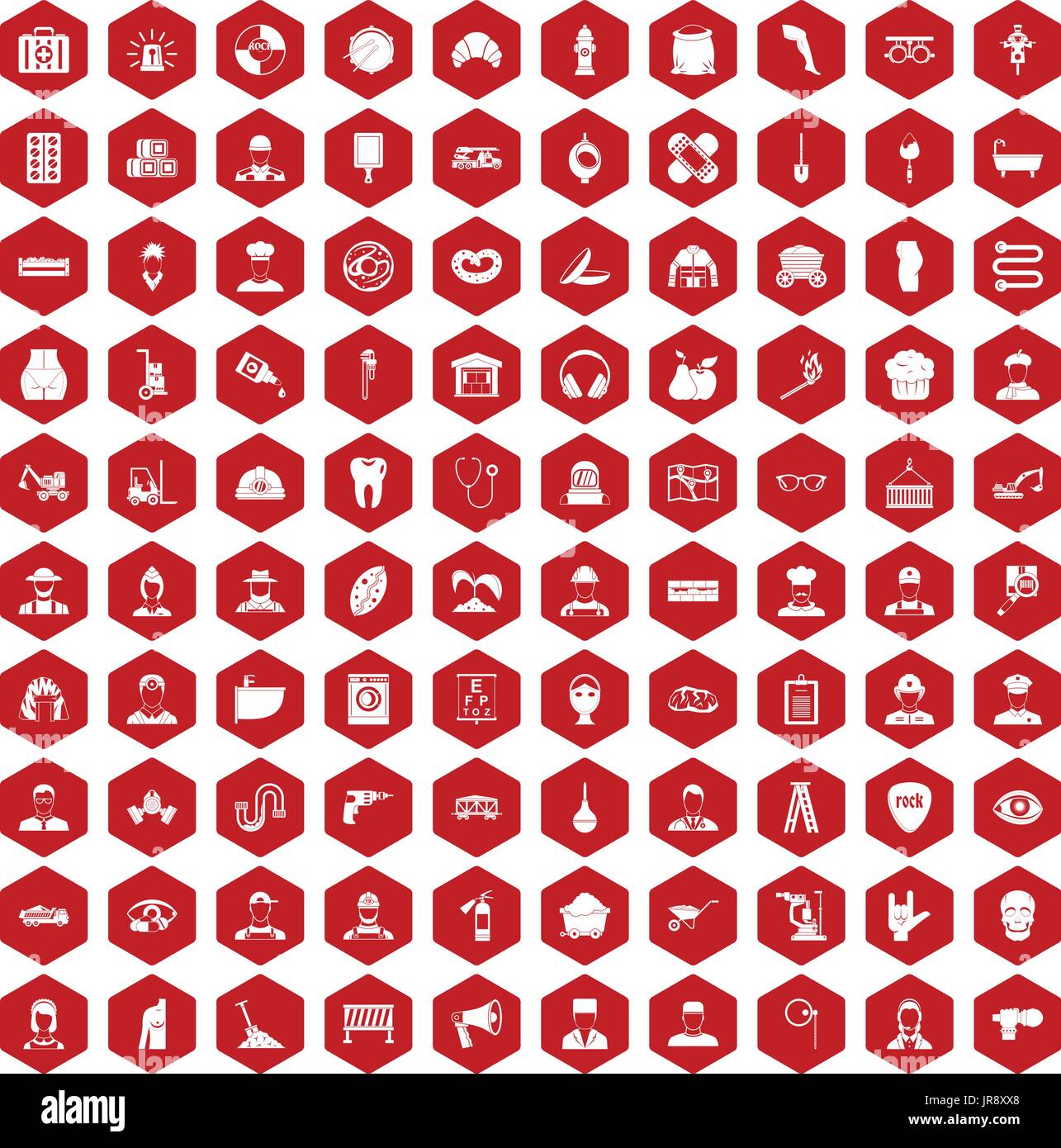 100 different professions icons hexagon red Stock Vector