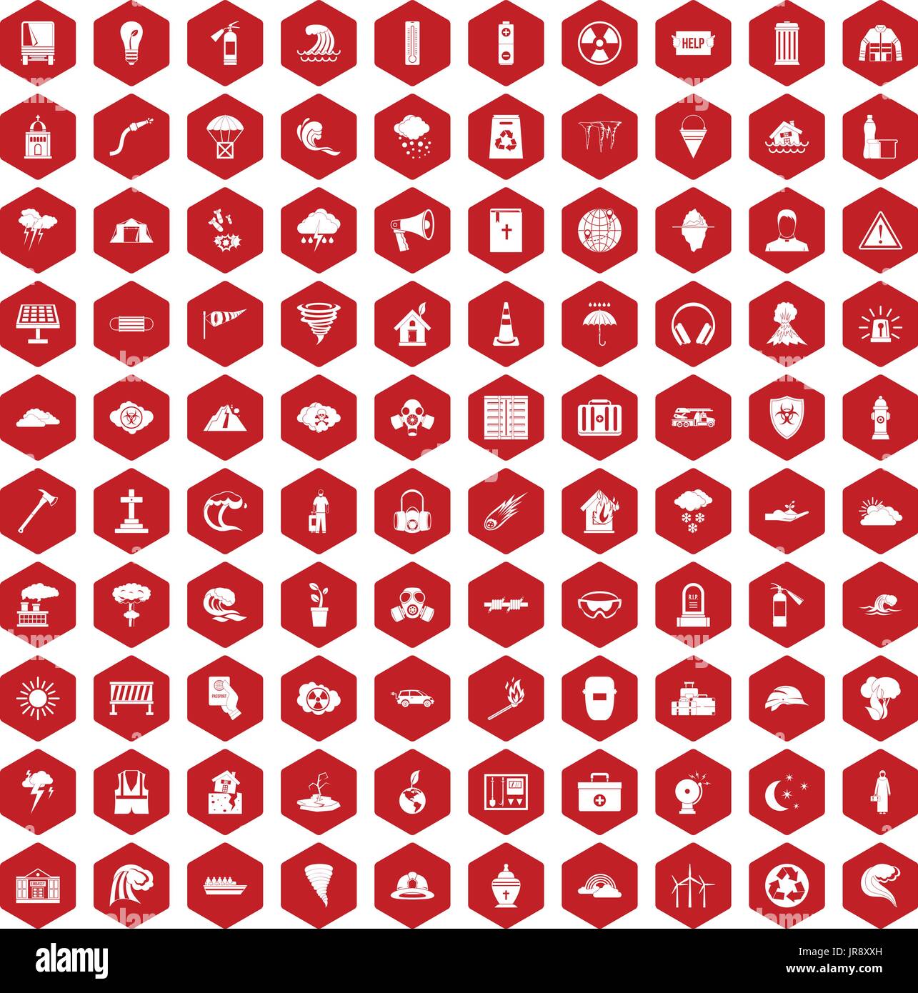 100 disaster icons hexagon red Stock Vector