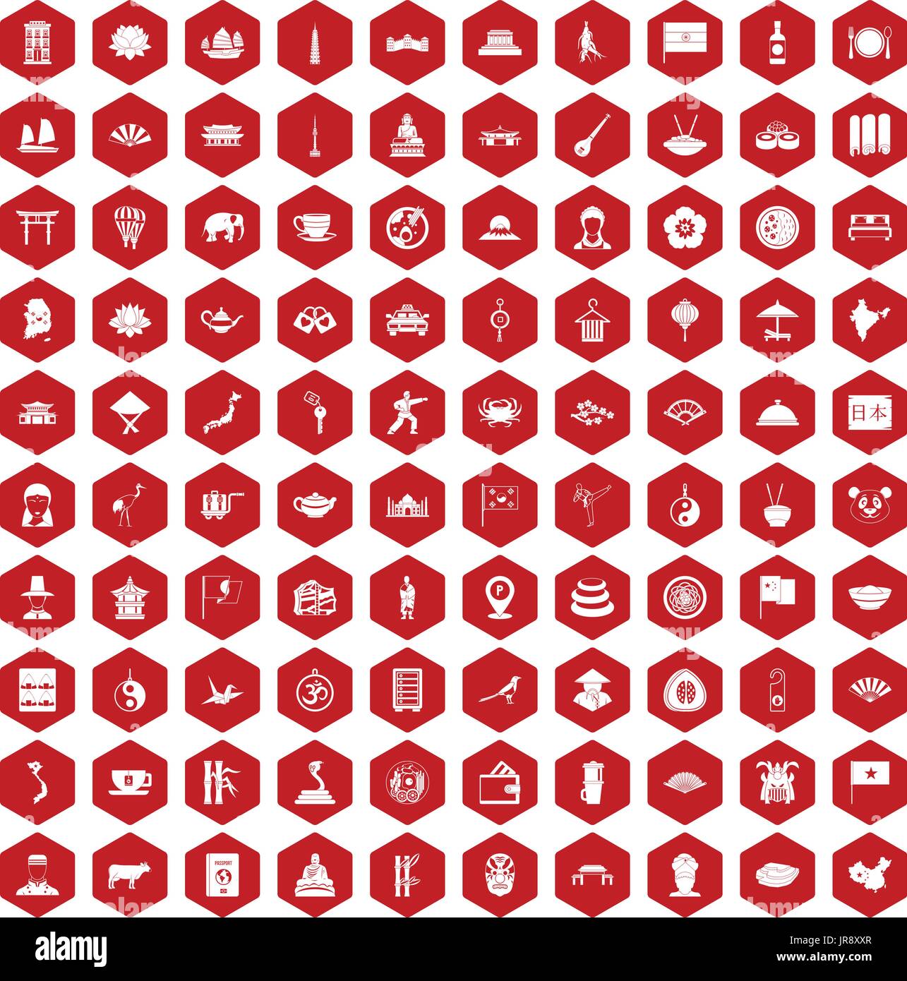 100 dish icons hexagon red Stock Vector