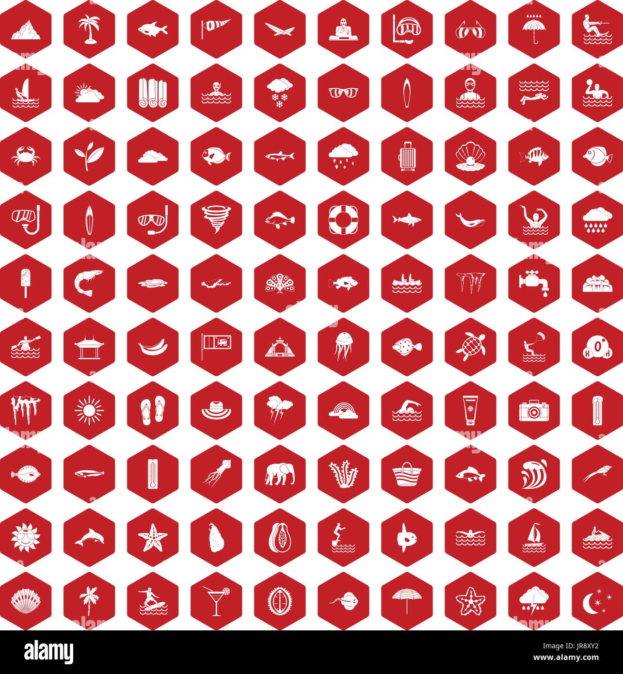 100 diving icons hexagon red Stock Vector