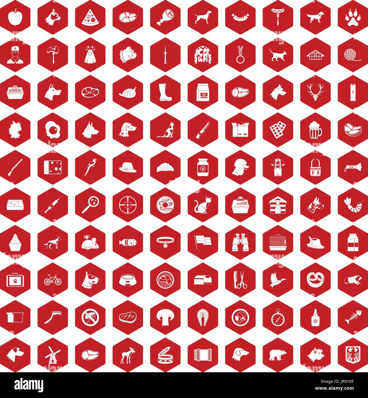 100 dog icons hexagon red Stock Vector