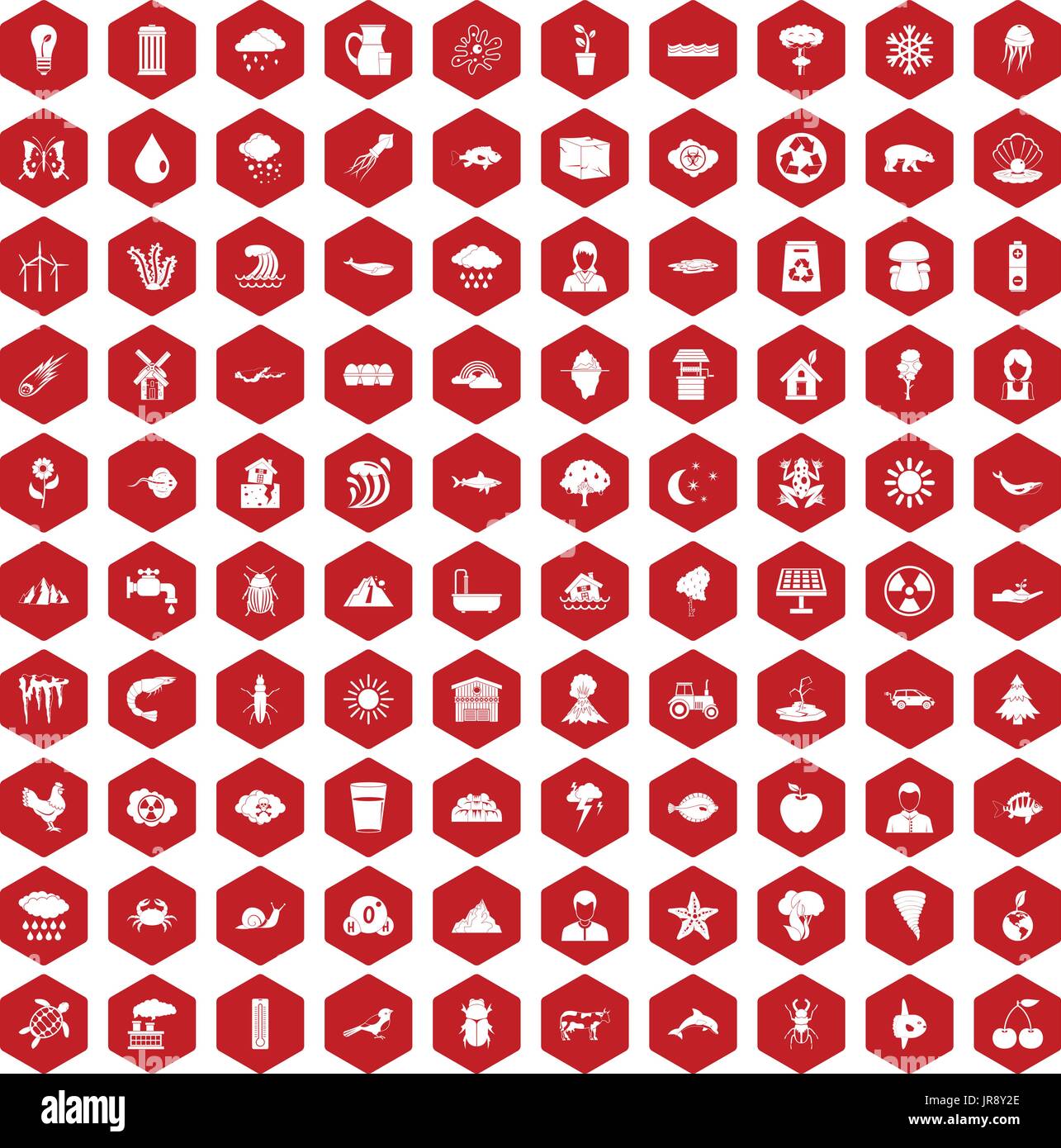 100 earth icons hexagon red Stock Vector