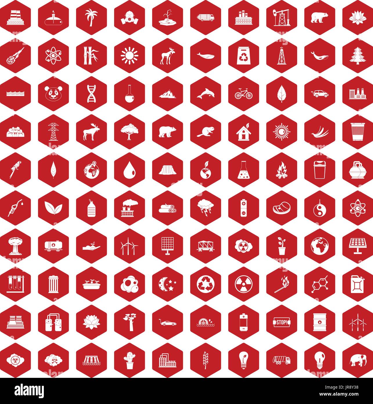 100 eco icons hexagon red Stock Vector