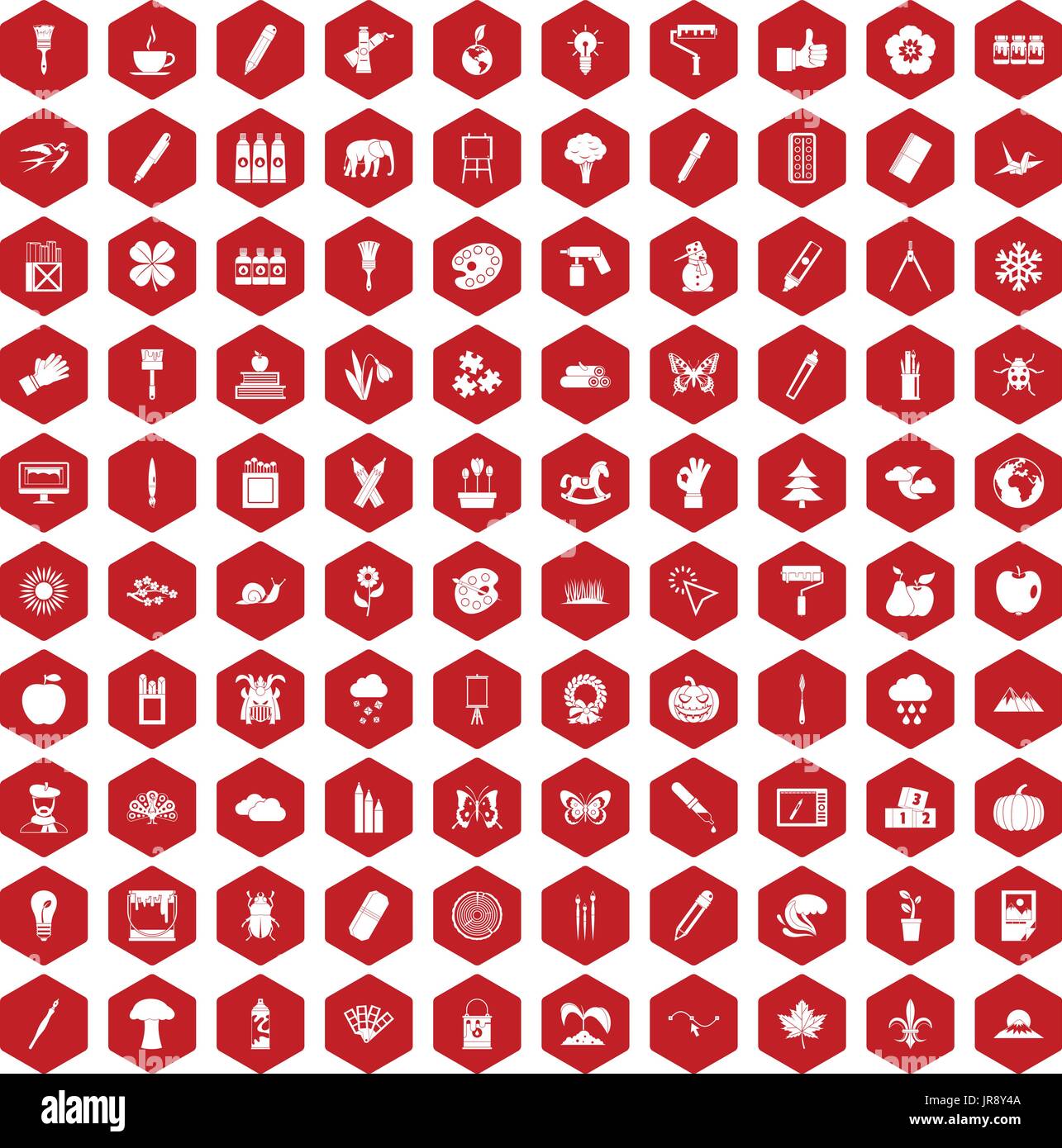 100 eco design icons hexagon red Stock Vector