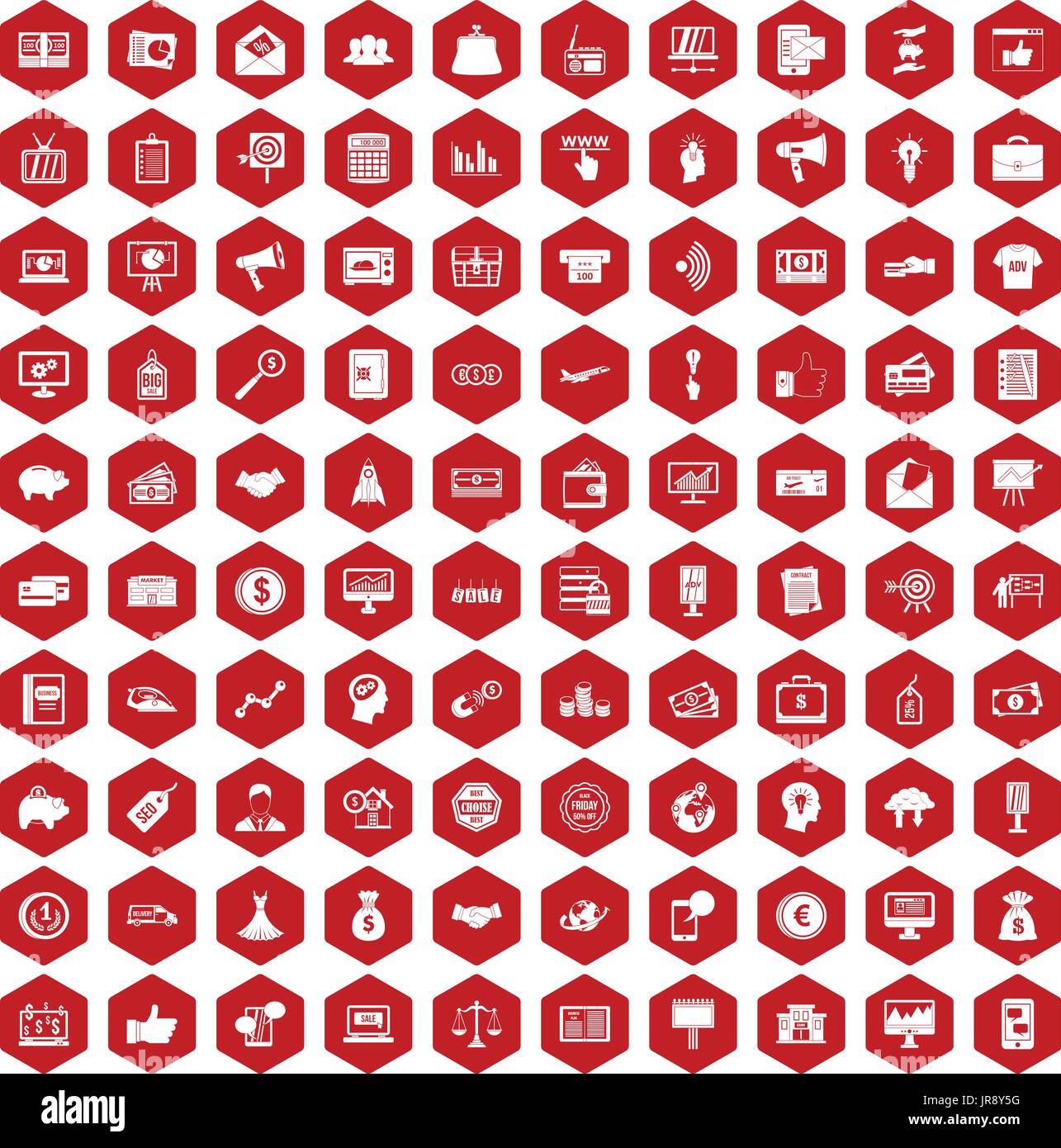 100 e-commerce icons hexagon red Stock Vector