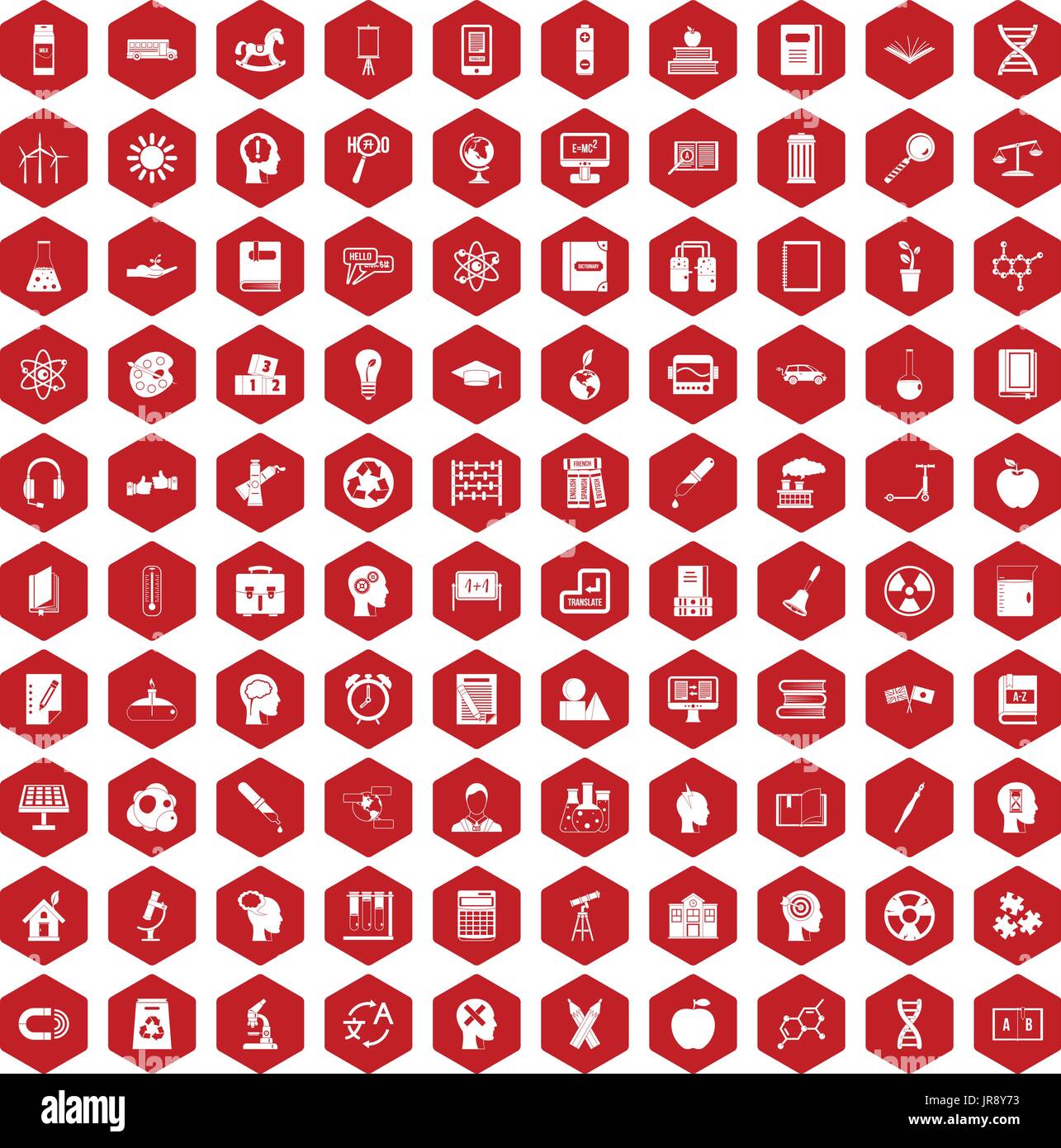 100 education icons hexagon red Stock Vector