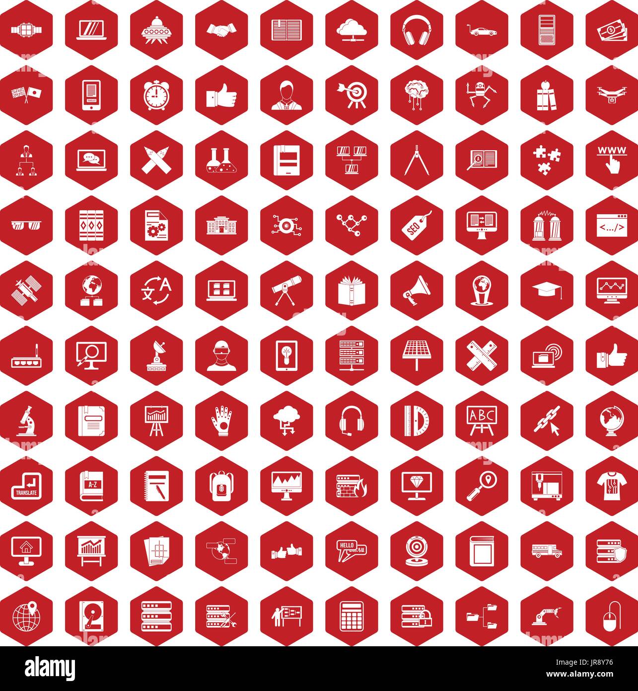 100 education technology icons hexagon red Stock Vector