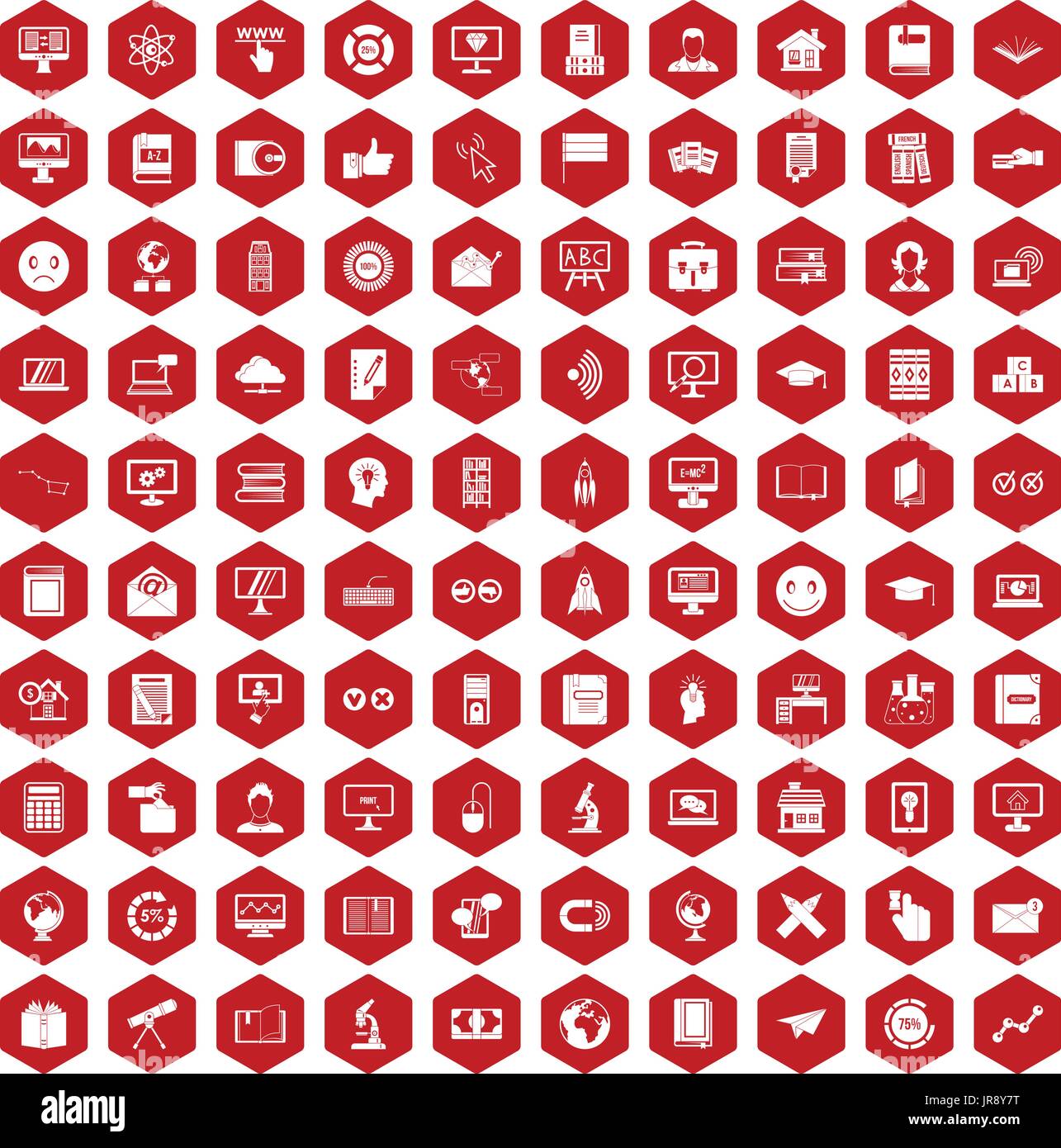 100 e-learning icons hexagon red Stock Vector