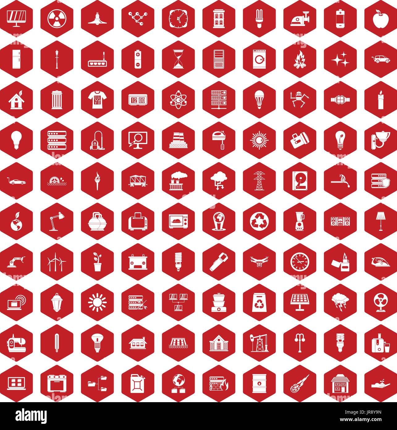 100 electricity icons hexagon red Stock Vector