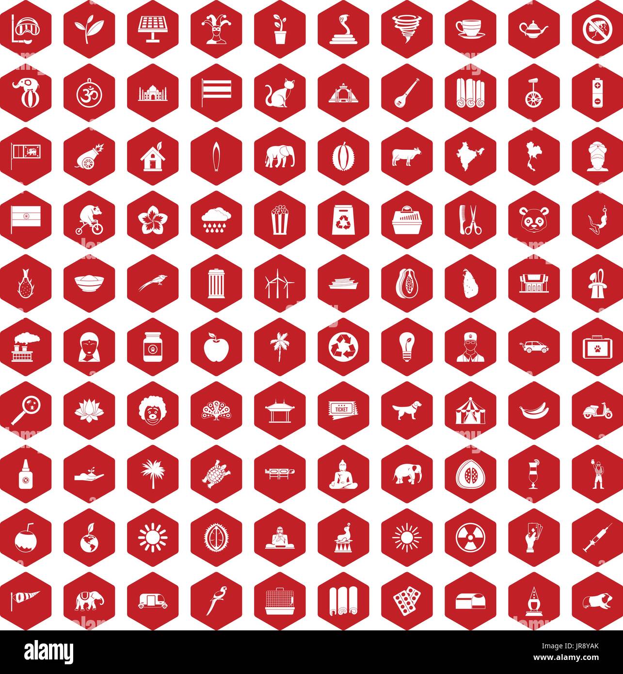 100 elephant icons hexagon red Stock Vector